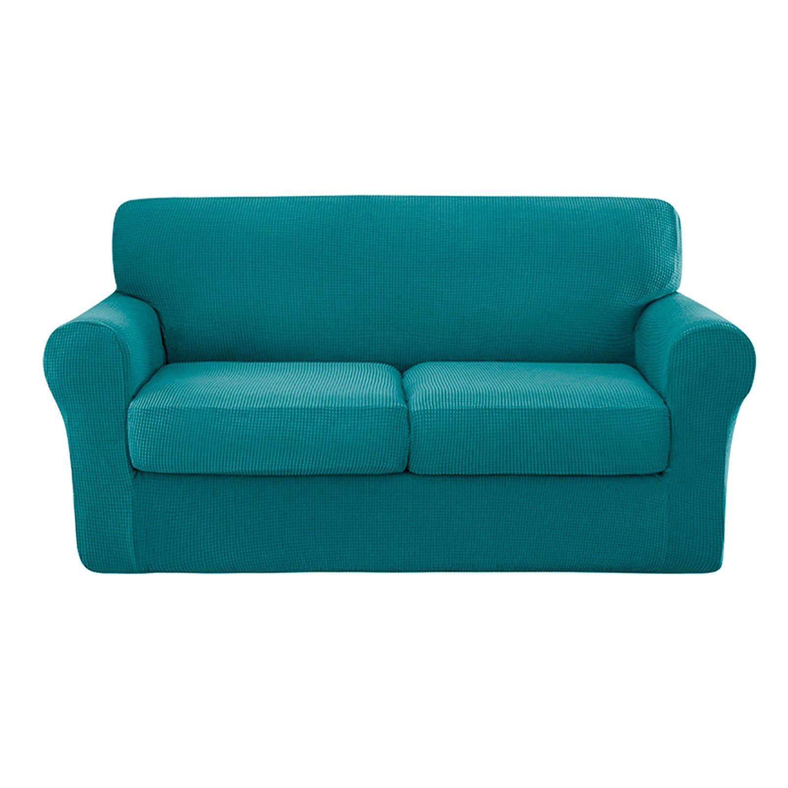 Stretch Sofa Cover for 2/3 Seater Couches - Checked Spandex Jacquard Fabric Couch Slipcover with Separate Cushion Covers - Furniture Protector for Living Room, Bedroom, or Office - Blue (Fits 2-Seat Sofas)