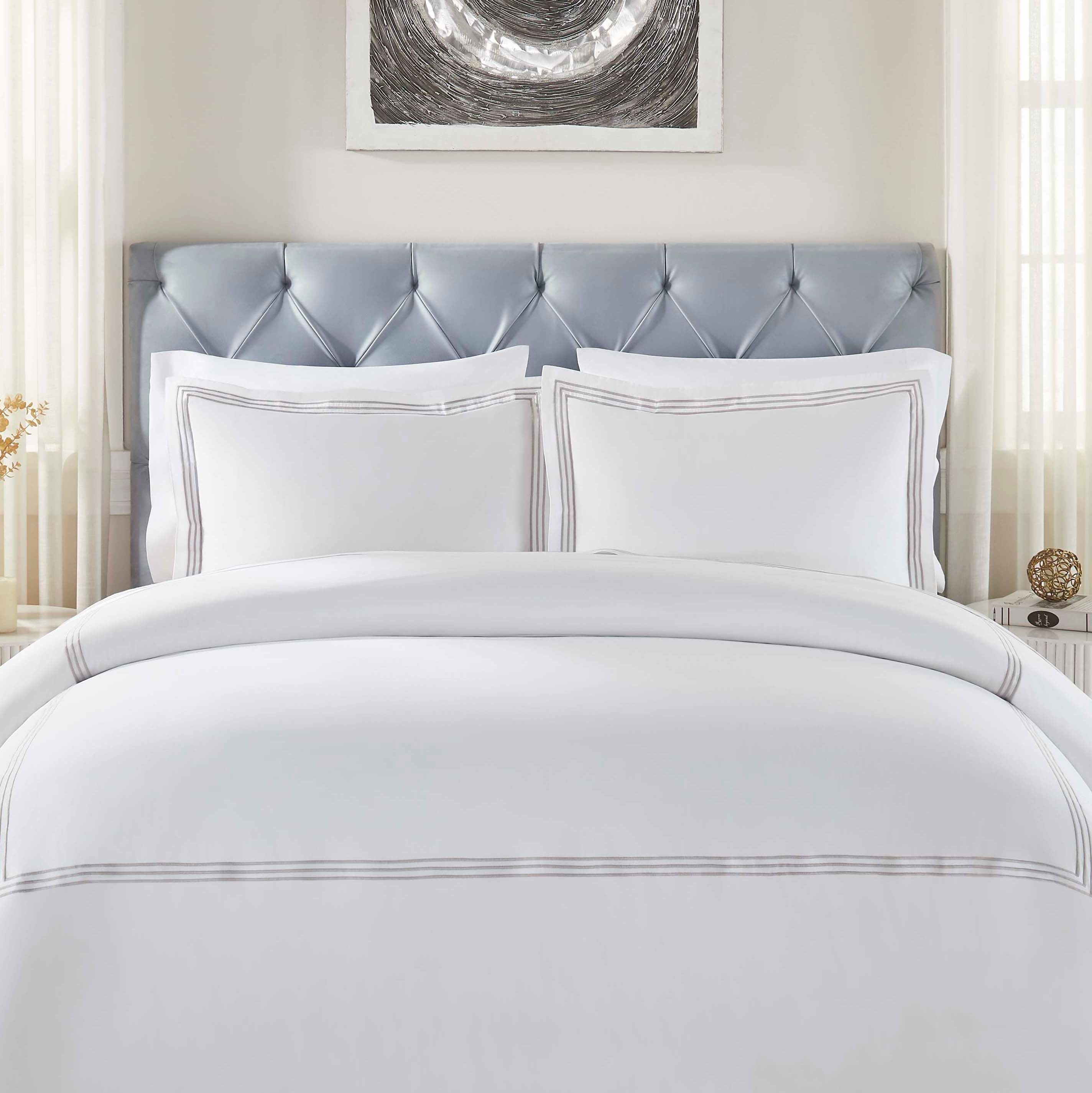 Brandon Cotton 3-Piece Duvet Cover Set with Elegant Three-Line Embroidery - Soft Bedding Set for Master Bedroom, Guest Room & Dorm Decor
