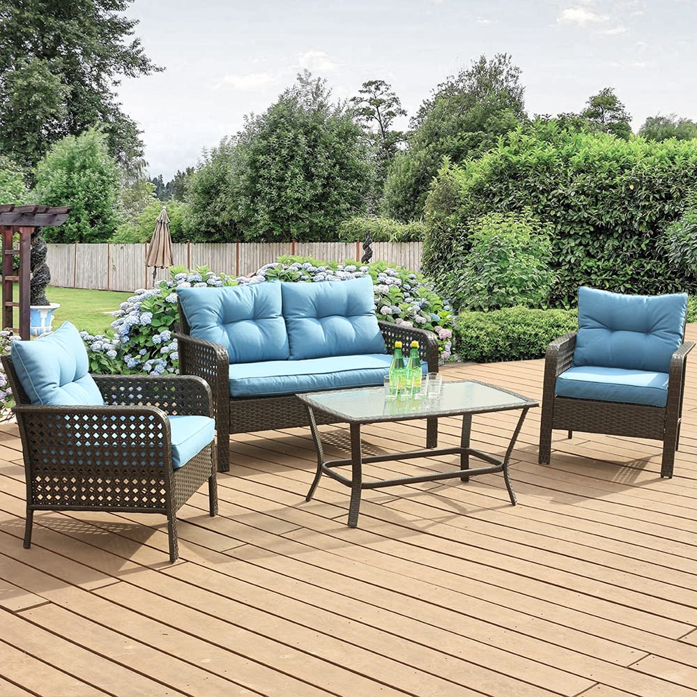 4-Piece Outdoor Wicker Patio Conversation Set with Loveseat, Coffee Table & Chairs - Navy Blue Rattan Furniture for Lawn, Deck, Balcony, Backyard - Perfect for Relaxing, Entertaining & Outdoor Gatherings