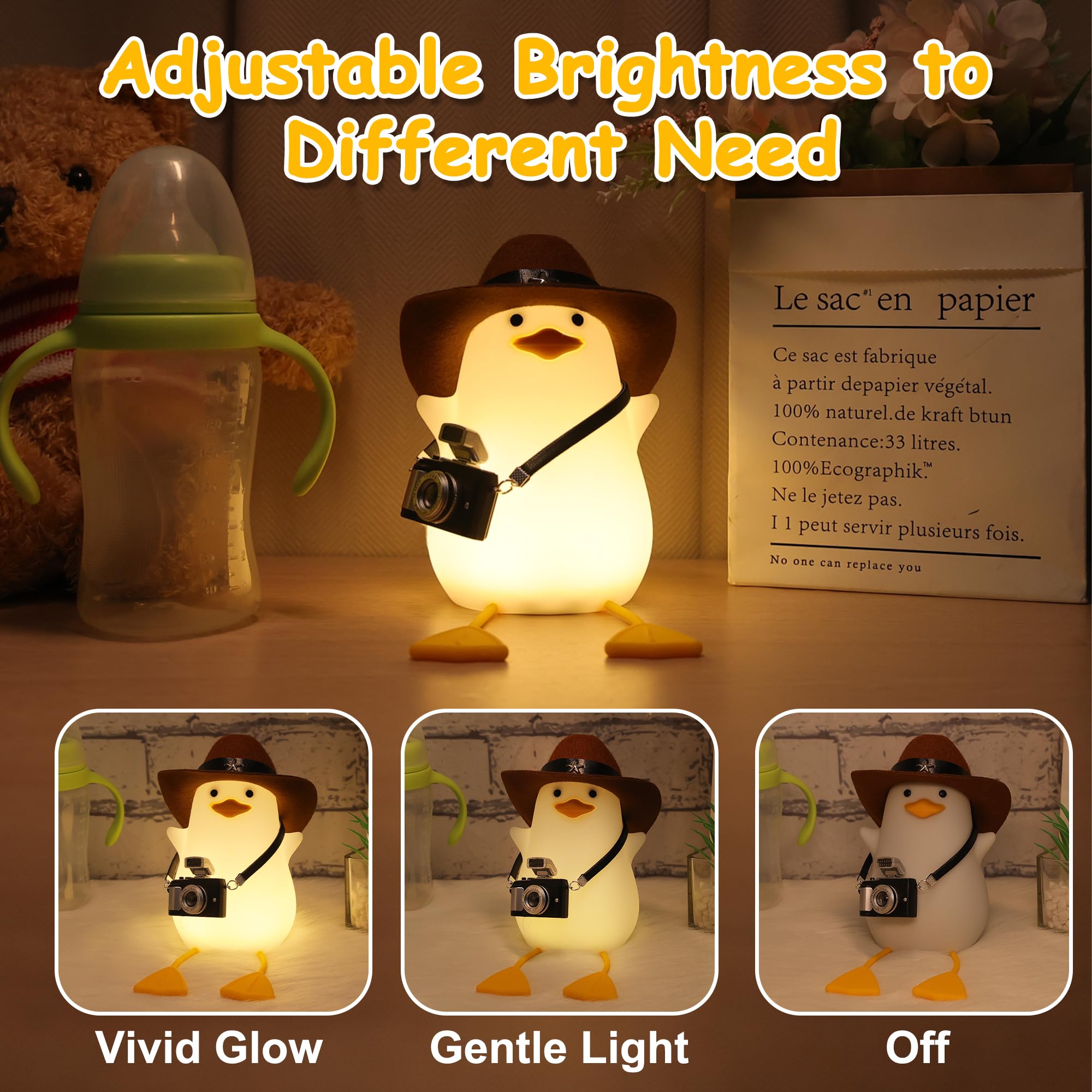 Cute Squishy Duck Night Light with Dimmer, Timer & Rechargeable - Funny Cowboy Duck Lamp for Bedside, Nursery & Room Decor - Perfect Duck Gift for Girls, Boys, Women & Kids - Ideal for Bedtime, Night Feedings & Cozy Ambiance
