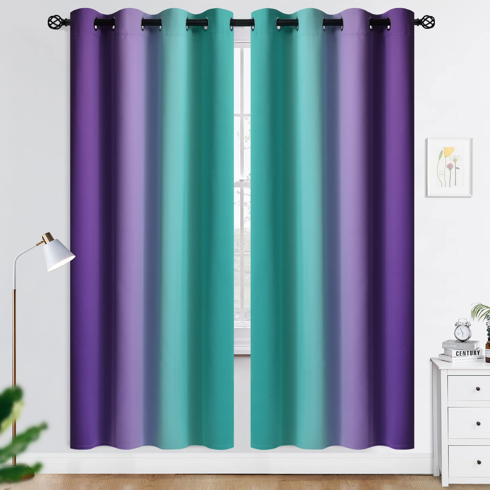 Room Darkening Curtains 72 Inches - Ombre Teal & Purple Gradient Blackout Drapes for Kids Bedroom, Girls Room & Living Room - 2 Panels 52x72 Inches - Light Blocking Polyester Window Treatments for Better Sleep & Privacy