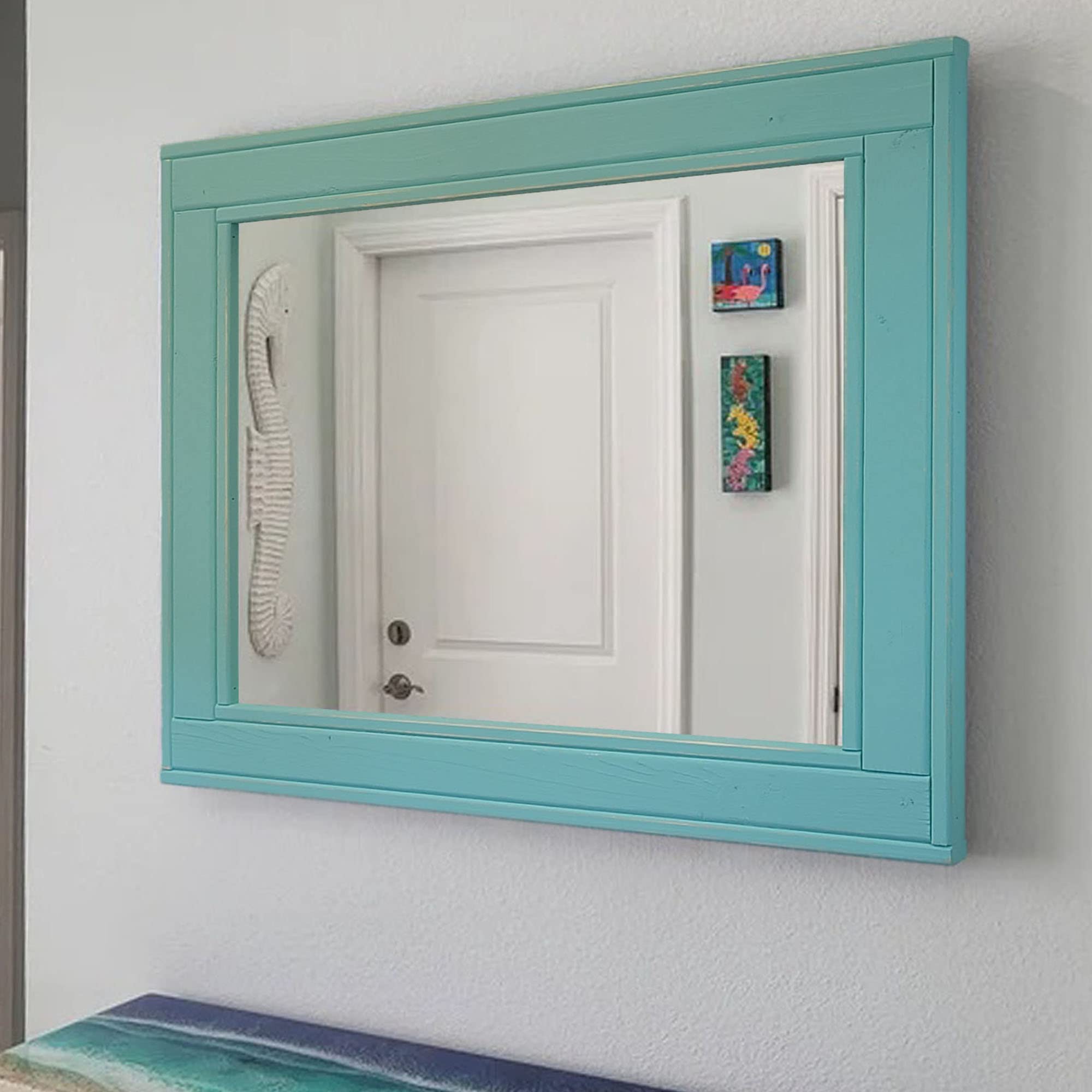 Herringbone Reclaimed Wood Framed Mirror - 5 Sizes & 20 Paint Colors (Sea Blue Shown) - Large Rustic Wall Mirror for Living Room, Bedroom & Entryway - Decorative Wall Art & Unique Home Decor