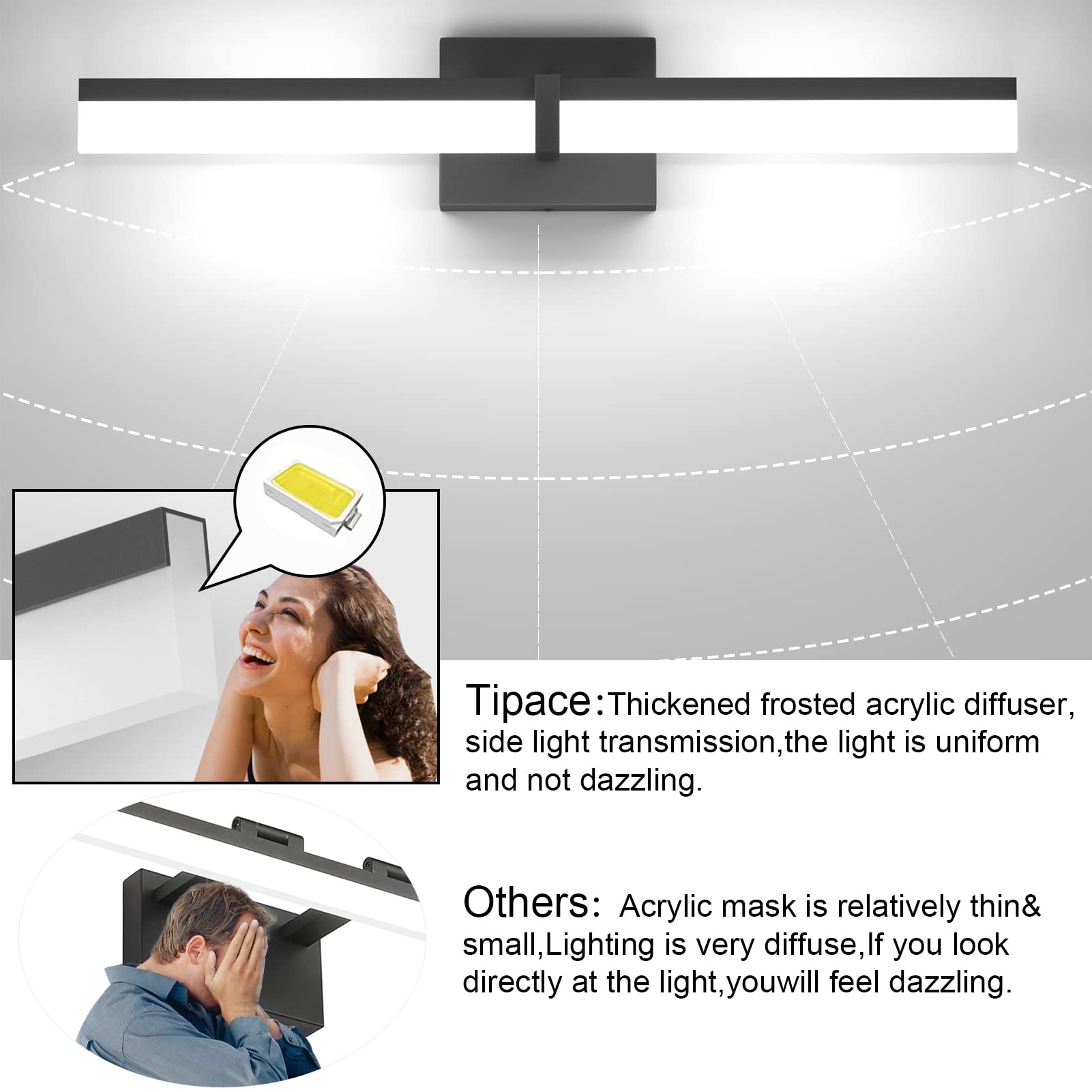 Tipace 24 Inch LED Vanity Light Fixture - Modern Black Bathroom Lighting with 6000K White Light - Perfect for Mirror Illumination in Contemporary Bathrooms