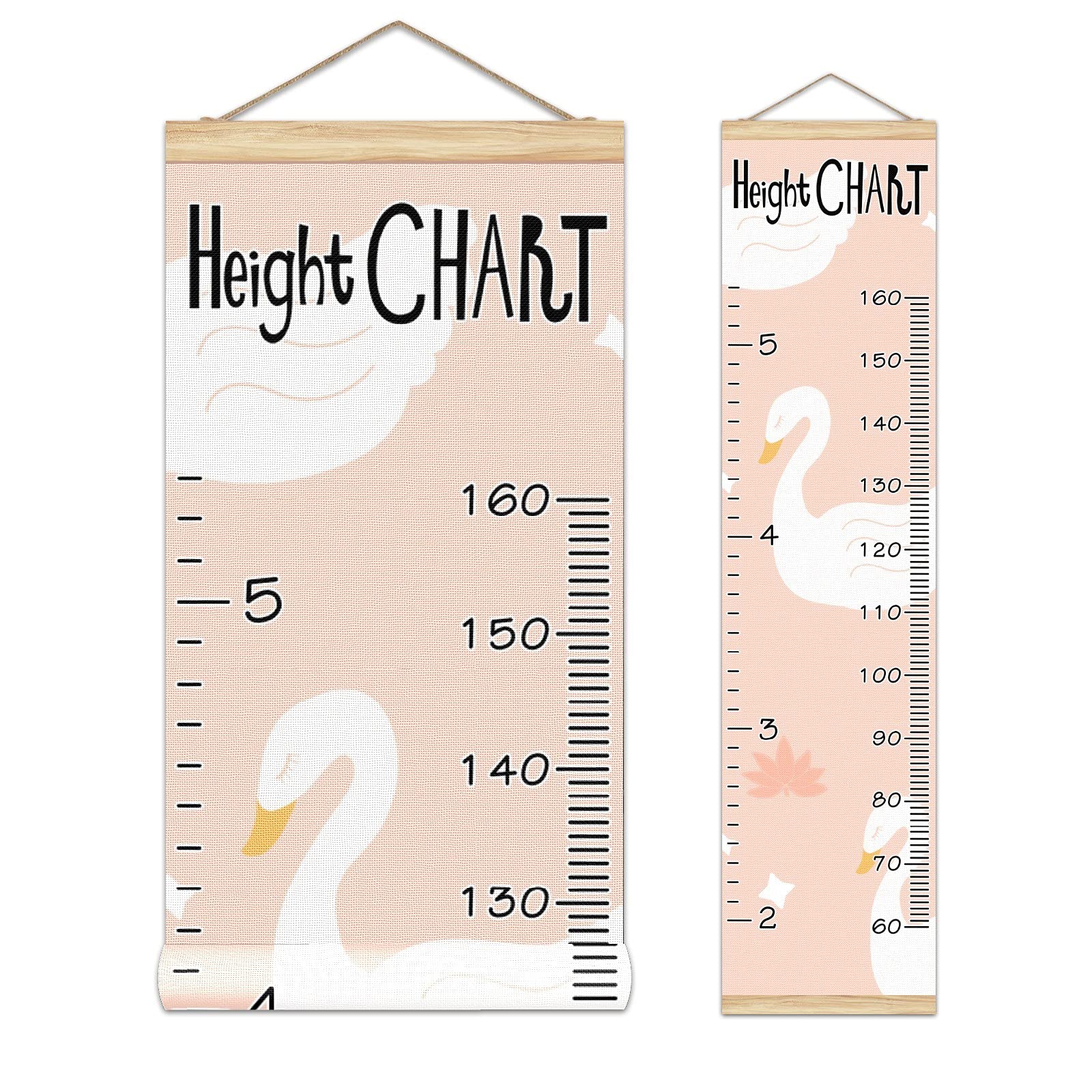 Wooden Growth Chart Ruler for Kids - 13.4x56 Inch Wall Mounted Height Measure with Linen Finish & White Swan Lily Lotus Design - Perfect Nursery Decor, Baby Room Wall Art, Toddler Growth Tracker for Bedrooms & Playrooms