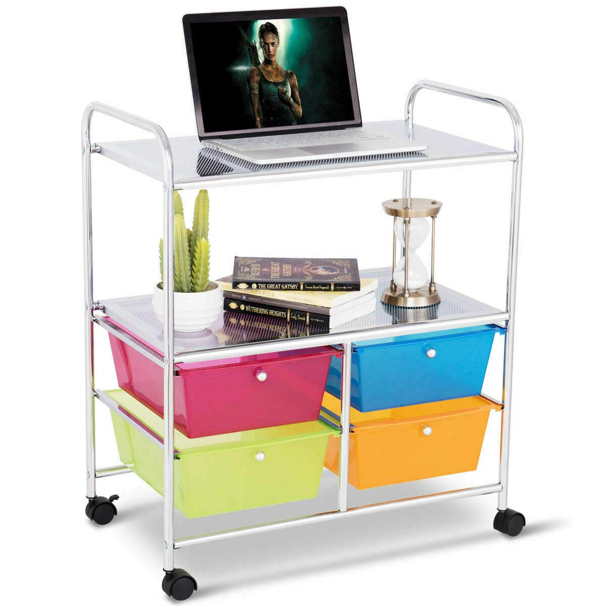 Multicolor 4-Drawer Rolling Storage Cart with 2 Open Shelves - Organize Towels, Toiletries, Books & Office Supplies - Perfect for Kitchen, Bathroom, Living Room & Office Organization (Mobile Utility Cart for Home & Office Use)
