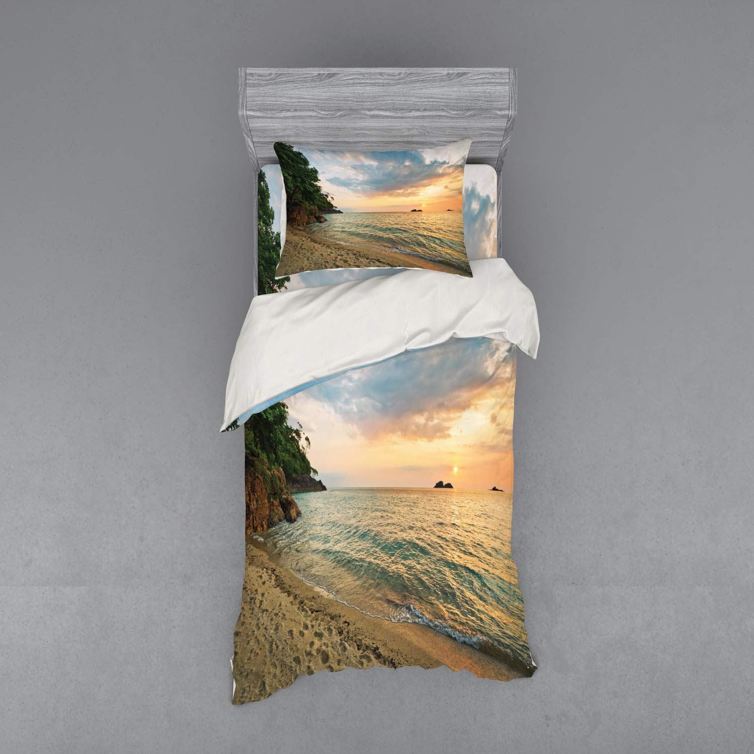 Ambesonne Tropical Sunset Ocean Landscape Duvet Cover Set - 3 Piece Twin XL with Sham & Fitted Sheet in Turquoise Green Cream Peach | Coastal Bedroom Decor for Beach House, Vacation Home & Tropical Themed Rooms