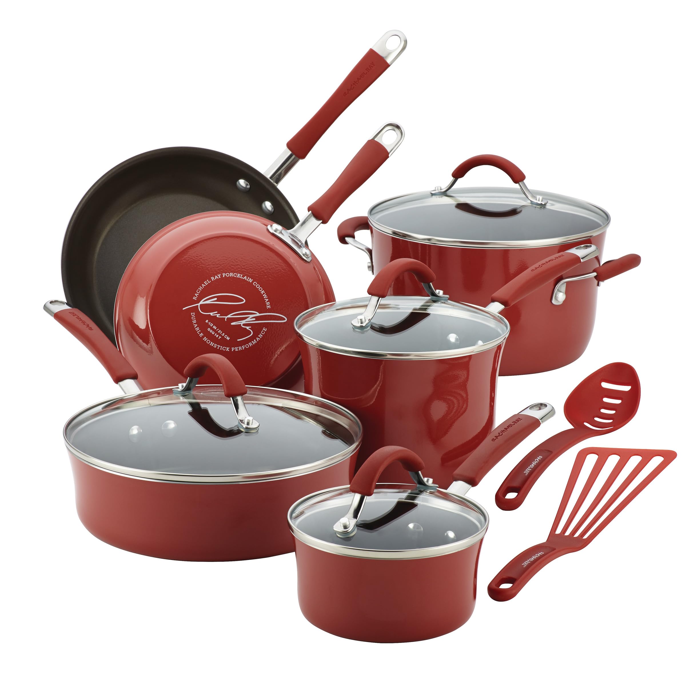 Rachael Ray Cucina Nonstick Cookware Set - 12-Piece Pots and Pans in Cranberry Red | Durable Kitchen Essentials for Baking, Frying & Everyday Cooking