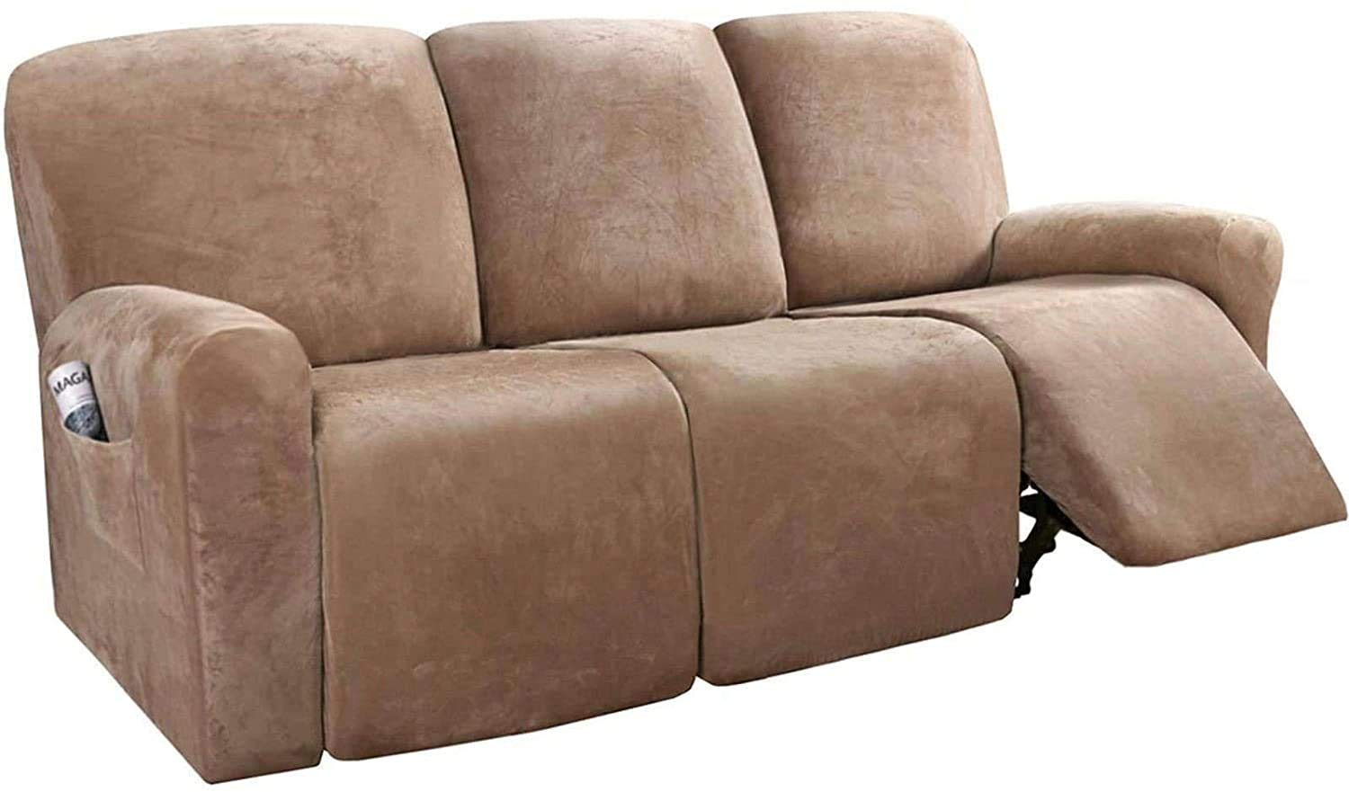 8-Piece Velvet Stretch Recliner Sofa Covers - Soft Washable Slipcovers for 3-Cushion Reclining Couches with Elastic Bottom (Camel) | Perfect for Living Room, Home Theater & Family Room Furniture Protection