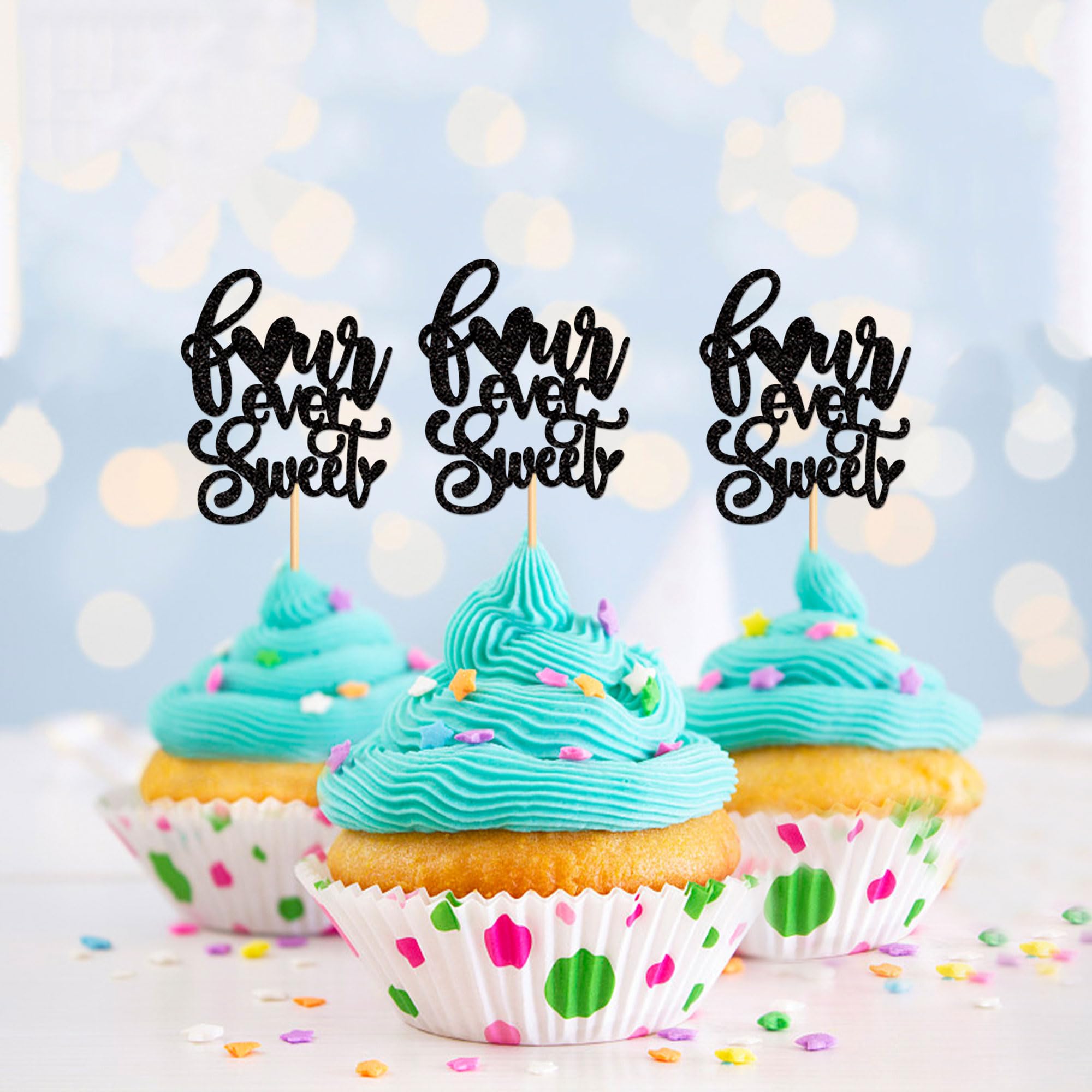 24 Pack Black Glitter Four Ever Sweet Cupcake Toppers - Premium Cake Decorations for Baby Showers, Kids 4th Birthday Parties & Themed Celebrations - Perfect for Dessert Tables, Wedding Cakes & DIY Baking Projects