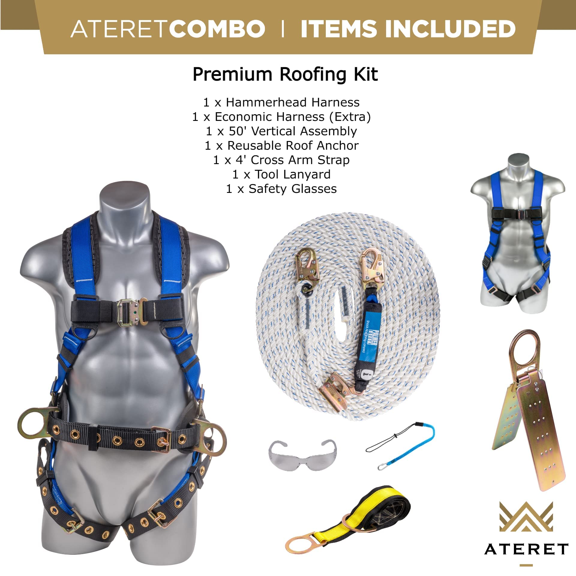 GWP Palmer Safety Premium Fall Protection Roofing Bucket Kit - Full Body Safety Harness with 50' Vertical Rope & Anchor Set | OSHA/ANSI Compliant Fall Arrest System (Medium, Blue) | Ideal for Roofing, Construction & Industrial Work Safety