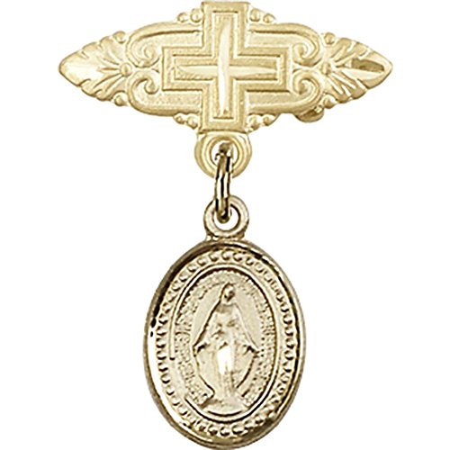 Gold Filled Baby Badge with Miraculous Charm & Cross Pin - 1 X 3/4 Inches - Perfect for Baptism Gifts, Christening Jewelry & Religious Keepsakes