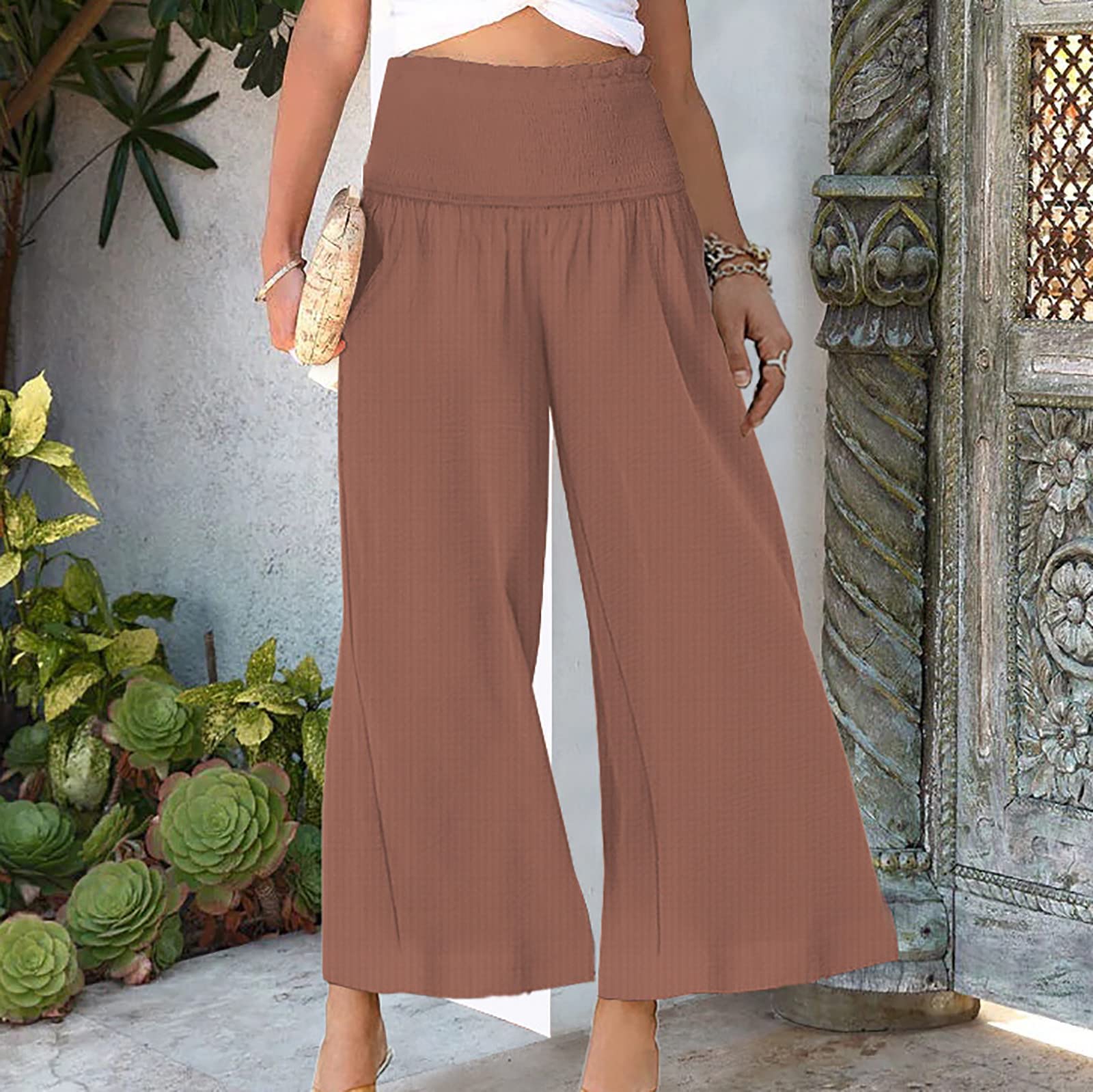 LCZIWO Women's Linen Pants - High Waist Wide Leg Palazzo Trousers for Beach & Casual Wear
