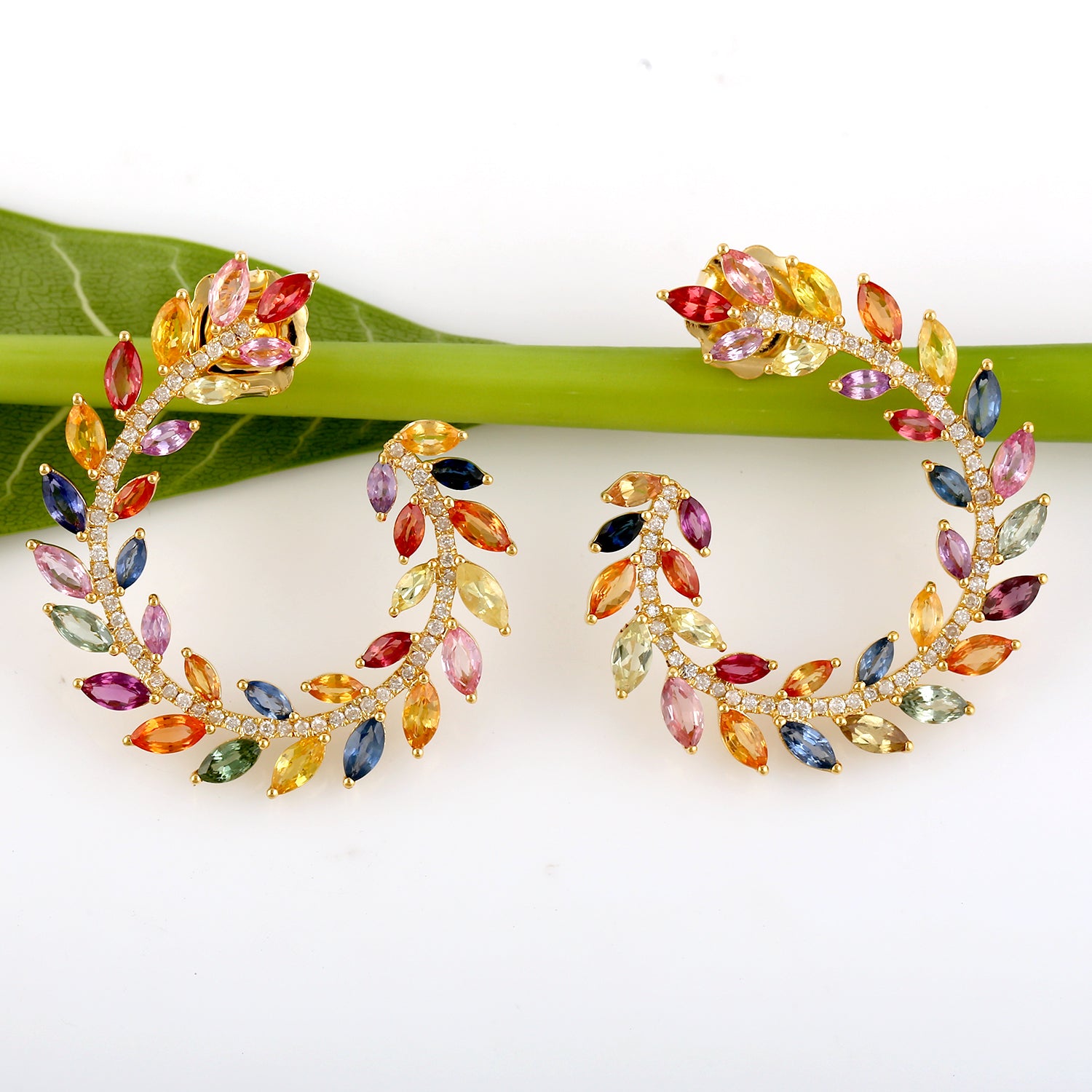 Marquise Cut Multicolor Sapphire Pave Diamond Open Hoop Earrings in 14K Gold - Elegant Jewelry for Weddings, Parties & Special Occasions