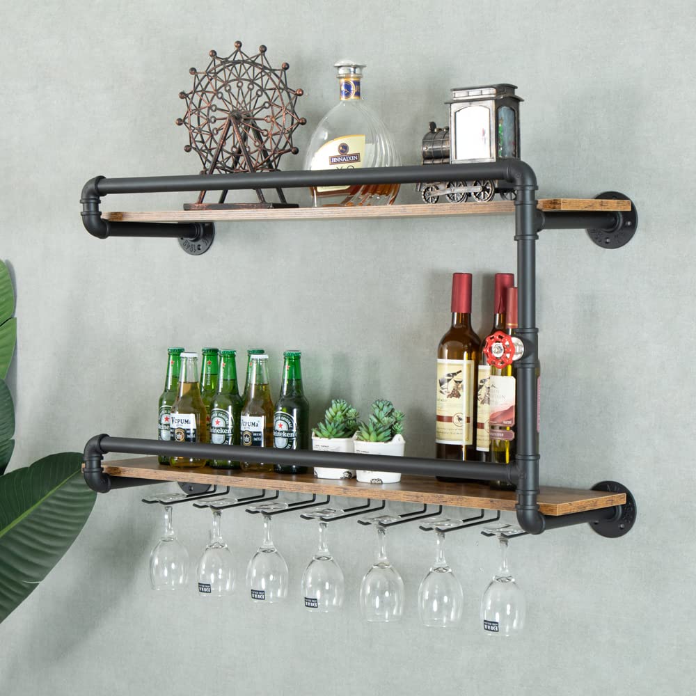 2-Tier Wall Mounted Wine Rack with Glass Holder - Industrial Rustic Pipe Floating Bar Shelf for Kitchen, Dining Room & Home Decor (35.4x10.6x19.7in, Black) - Perfect for Farmhouse Style, Small Spaces & Entertaining Guests