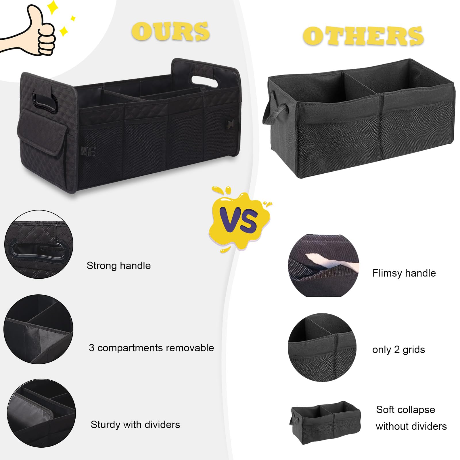 JiatuA Car Trunk Organizer for SUV - Collapsible Multi Compartment Storage Box, Adjustable Car Accessories for Women & Men, Black - Perfect for Road Trips, Camping & Daily Commute