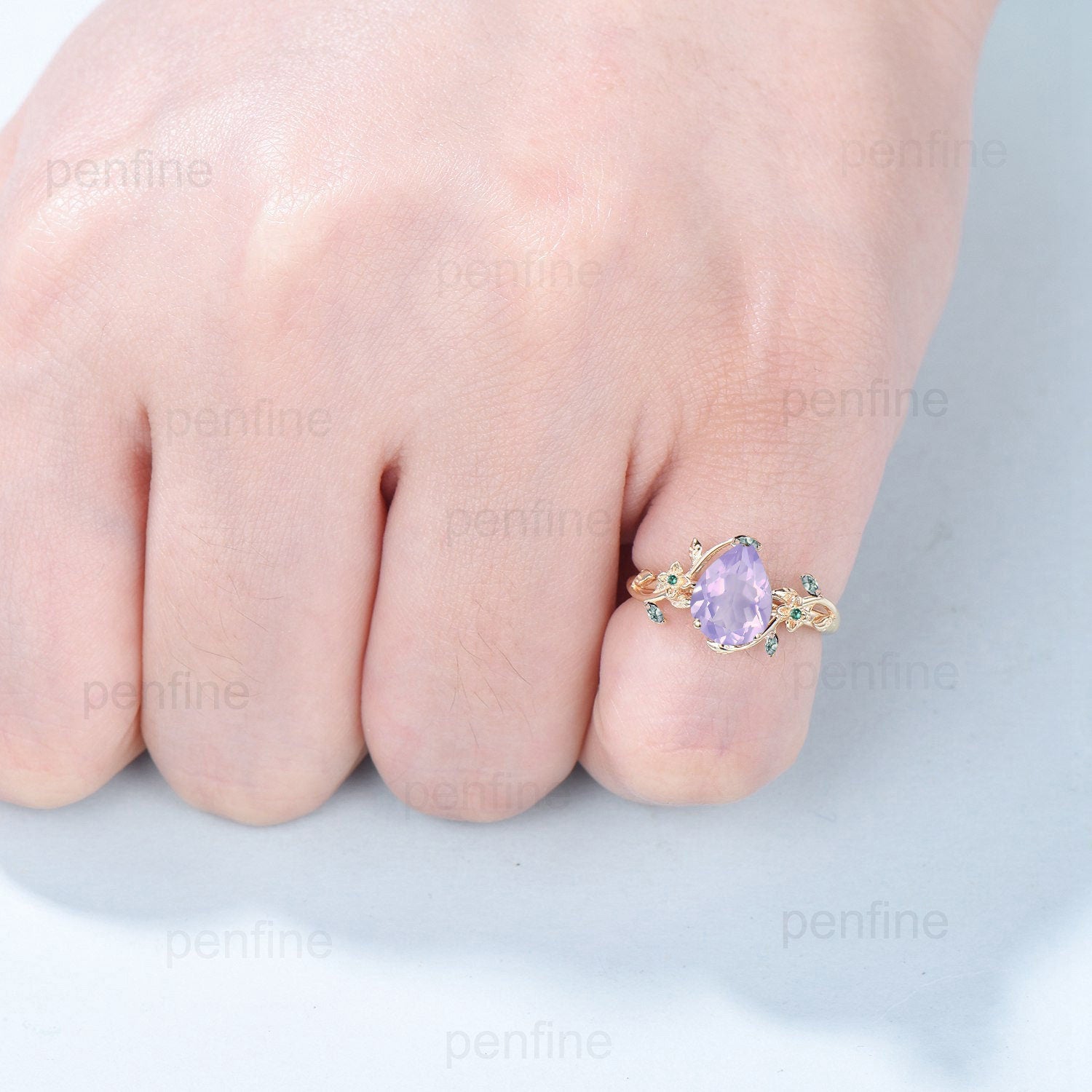 Elegant Lavender Amethyst Ring | Nature-Inspired Pear-Shaped February Birthstone | Twig Engagement Ring with Flower & Emerald Green Agate | Perfect for Weddings, Anniversaries & Special Occasions