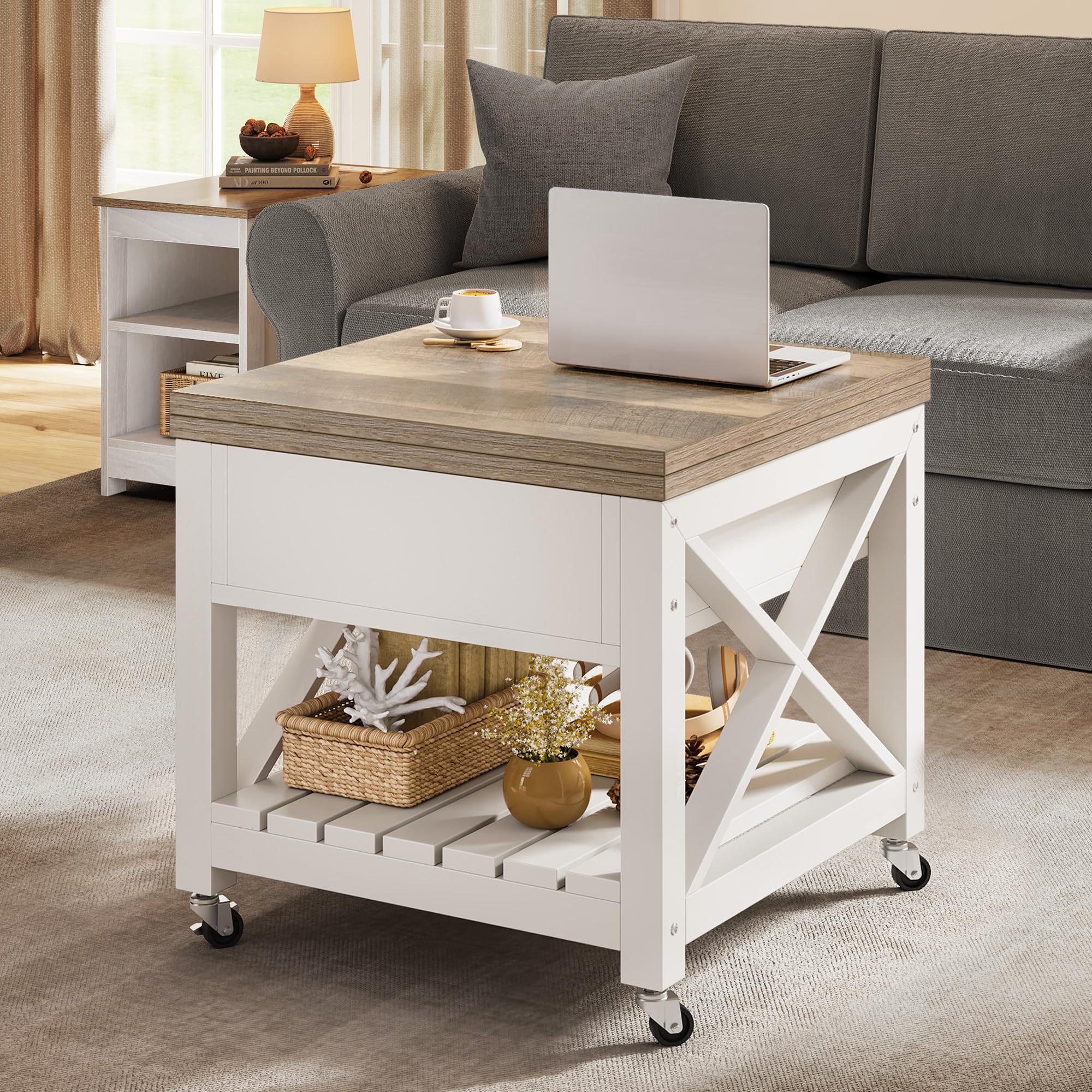 YITAHOME Lift Top Coffee Table with Wheels - Farmhouse Style Square Center Table with Storage Compartment, 2-Tier Rolling Coffee Table for Living Room & Dining Area - Grey Wash Finish | Perfect for Small Spaces, Home Office & Apartment Decor