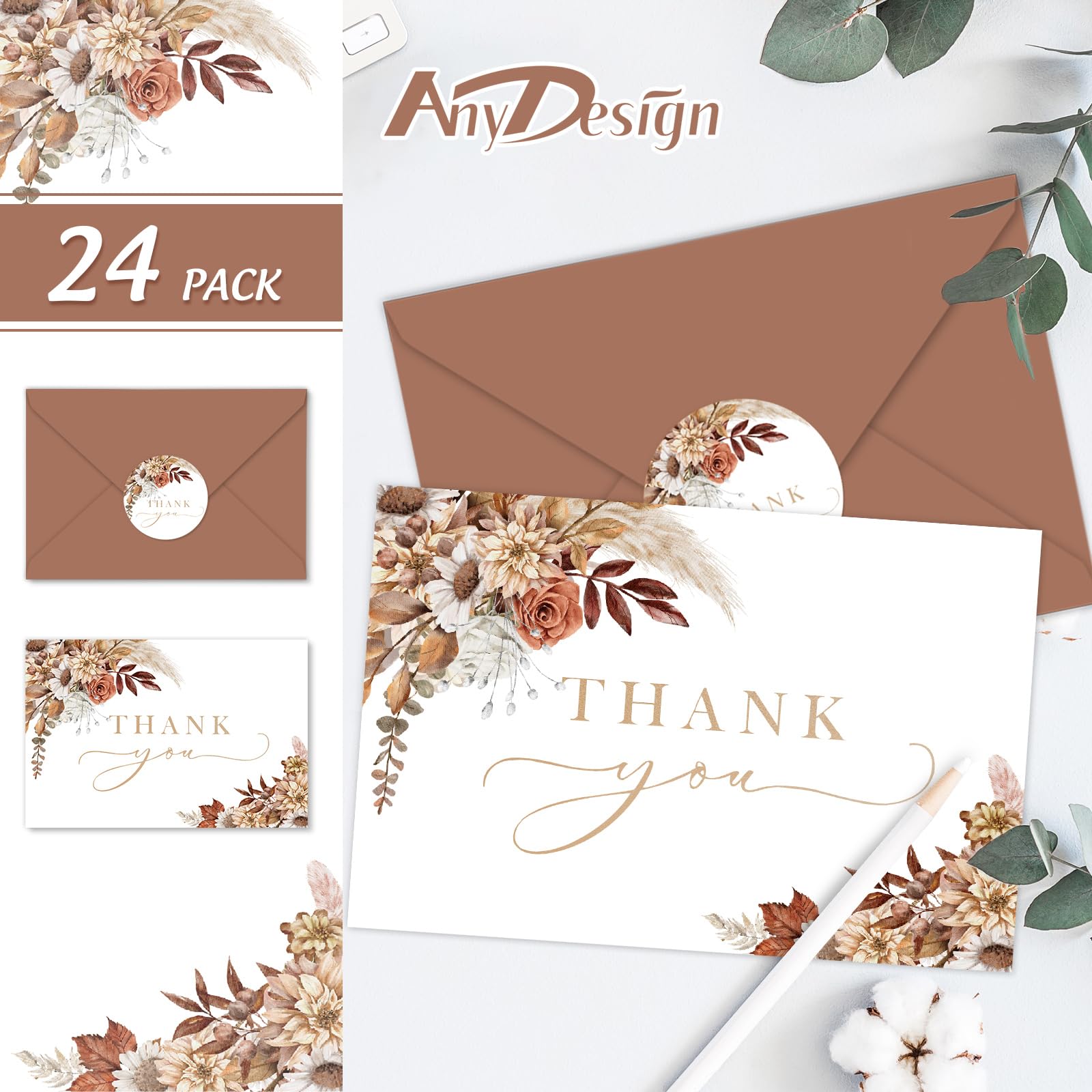 Boho Floral Thank You Cards Bulk 24 Pack - Blank Note Cards with Envelopes & Stickers for Bridal Shower, Baby Shower, Wedding, Graduation - 4 x 6 Inch Boho Style Stationery - Perfect for DIY Greetings, Party Favors, and Handwritten Notes