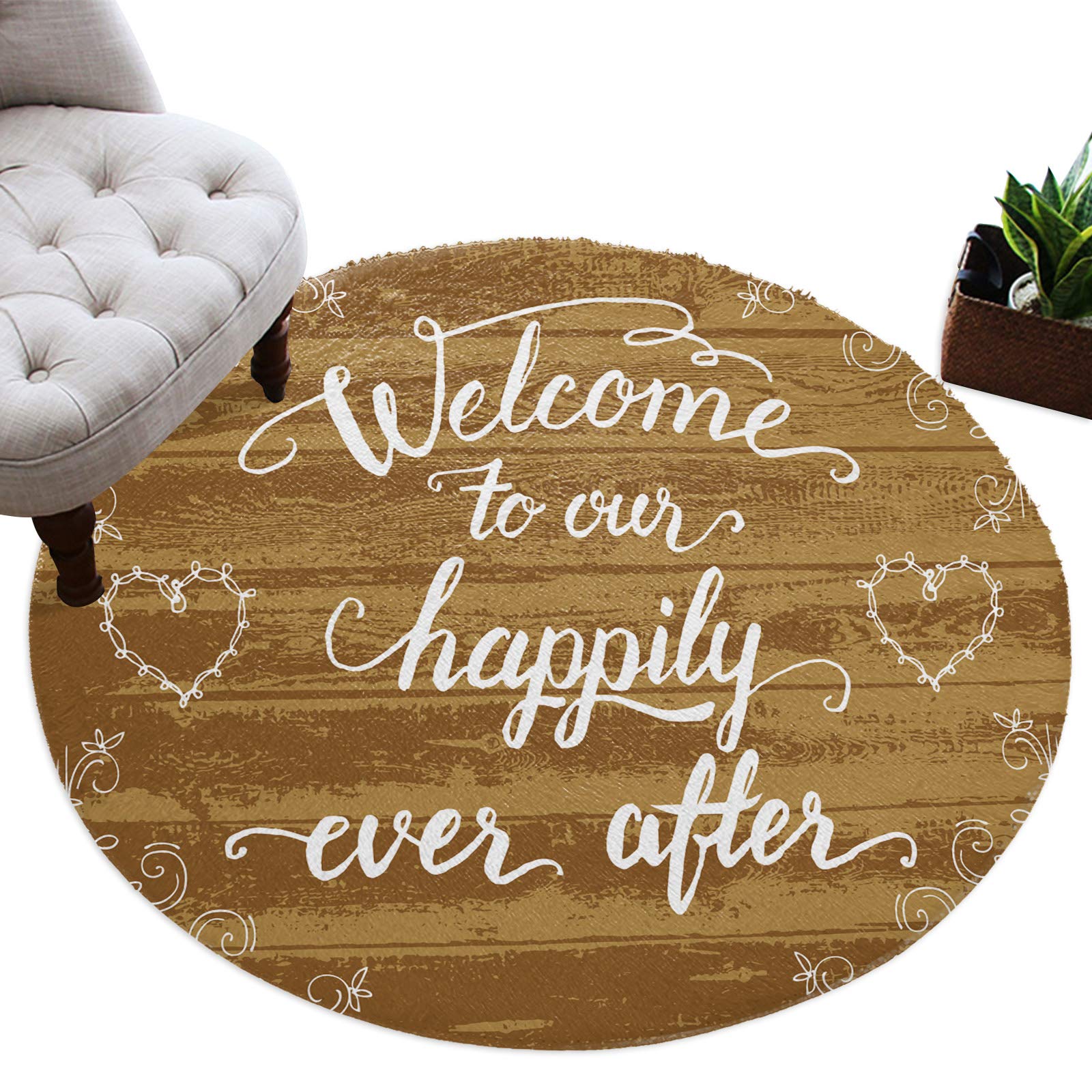 Kids Round Area Rugs - Non-Slip Soft Plush Shag Carpet with Retro Wood Border, 3ft Diameter for Nursery, Bedroom & Living Room | Perfect for Playrooms, Toddler Safety & Modern Home Decor