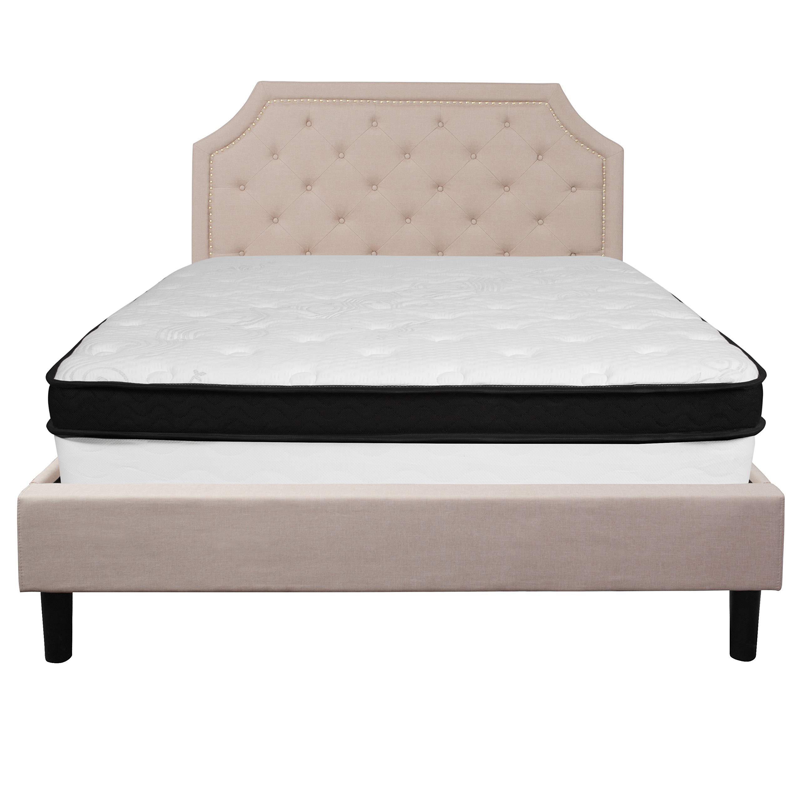 EMMA & OLIVER Queen Size Arched Tufted Upholstered Platform Bed with Memory Foam Mattress - Beige Fabric - Modern Bedroom Furniture for Master Bedroom, Guest Room & Apartment