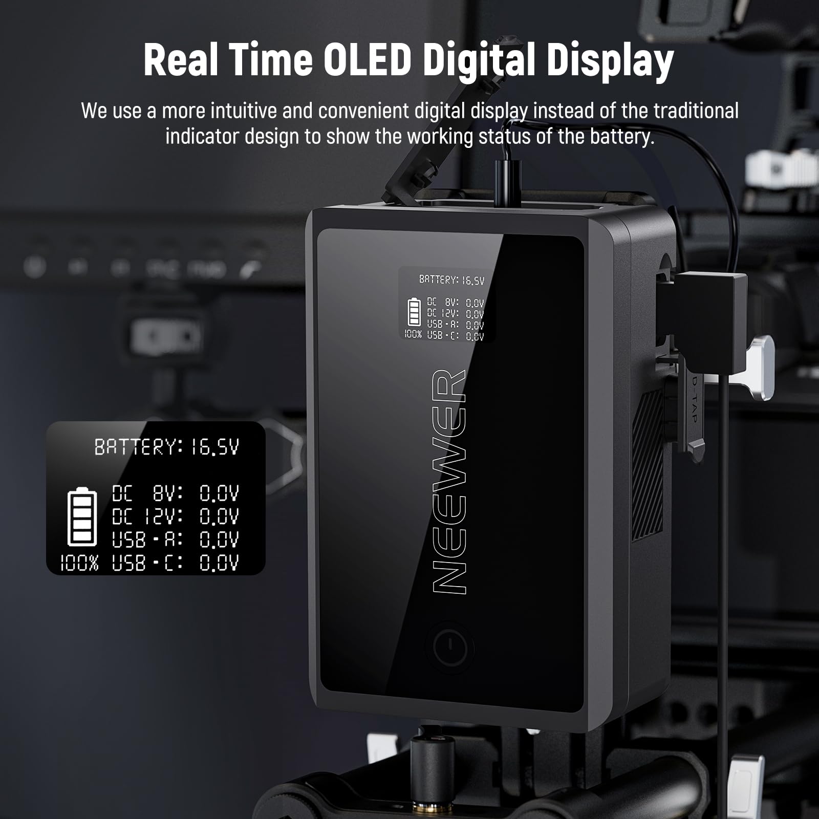 NEEWER Mini V Mount Battery 3450mAh 50Wh with D-Tap/USB-C/USB-A/BP/Dual DC Ports & OLED Screen - 14.54V V-Lock Battery for Sony/Fuji/Canon Cameras, Supports 45W PD Fast Charging - Perfect for DSLR Cameras, Monitors, Camcorders & Video Lights (Model PS050E)