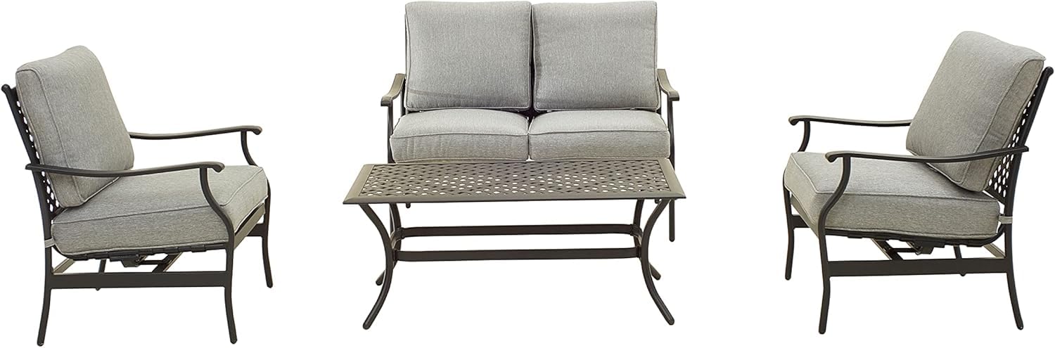 LOKATSE HOME 4-Piece Outdoor Loveseat Set with Cushions & Coffee Table - Patio Conversation Furniture, Metal Armchair for Garden, Backyard, Poolside (Grey)