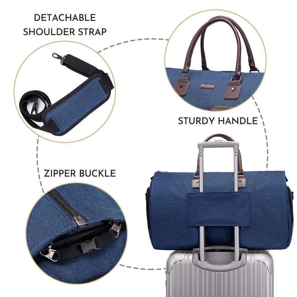Modoker 2-in-1 Convertible Carry On Garment Duffel Bag with Detachable Toiletry Pouch - Hanging Suitcase for Business Travel, Wedding & Formal Events (Blue) - Perfect for Airplane, Train & Office Commute