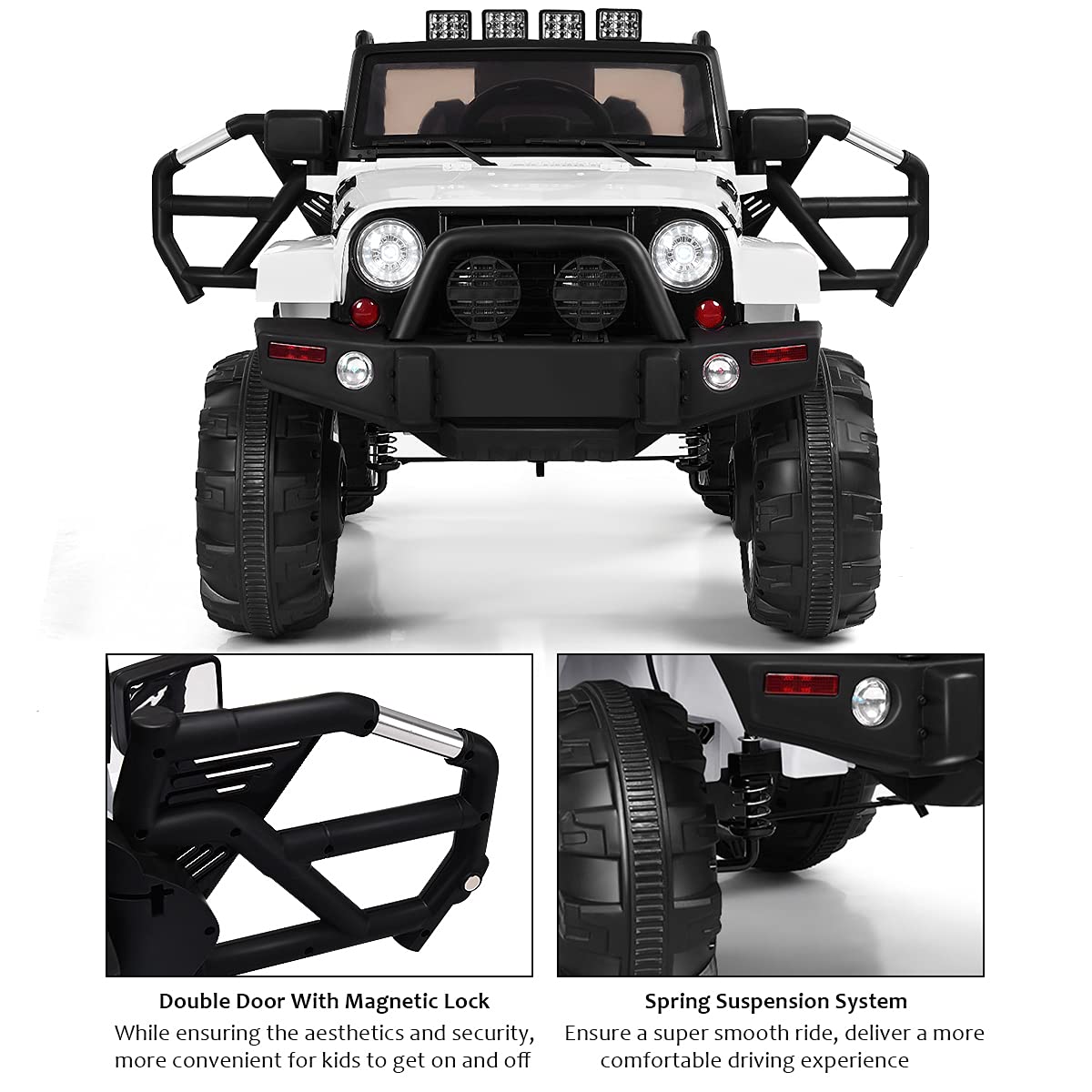 Costzon 12V Electric Ride On Truck for Kids - Battery Powered, Parental Remote Control, LED Lights, Double Doors, Safety Belt, Music & MP3 Player - Spring Suspension, White - Perfect for Indoor & Outdoor Play, Birthday Gifts, Backyard Fun