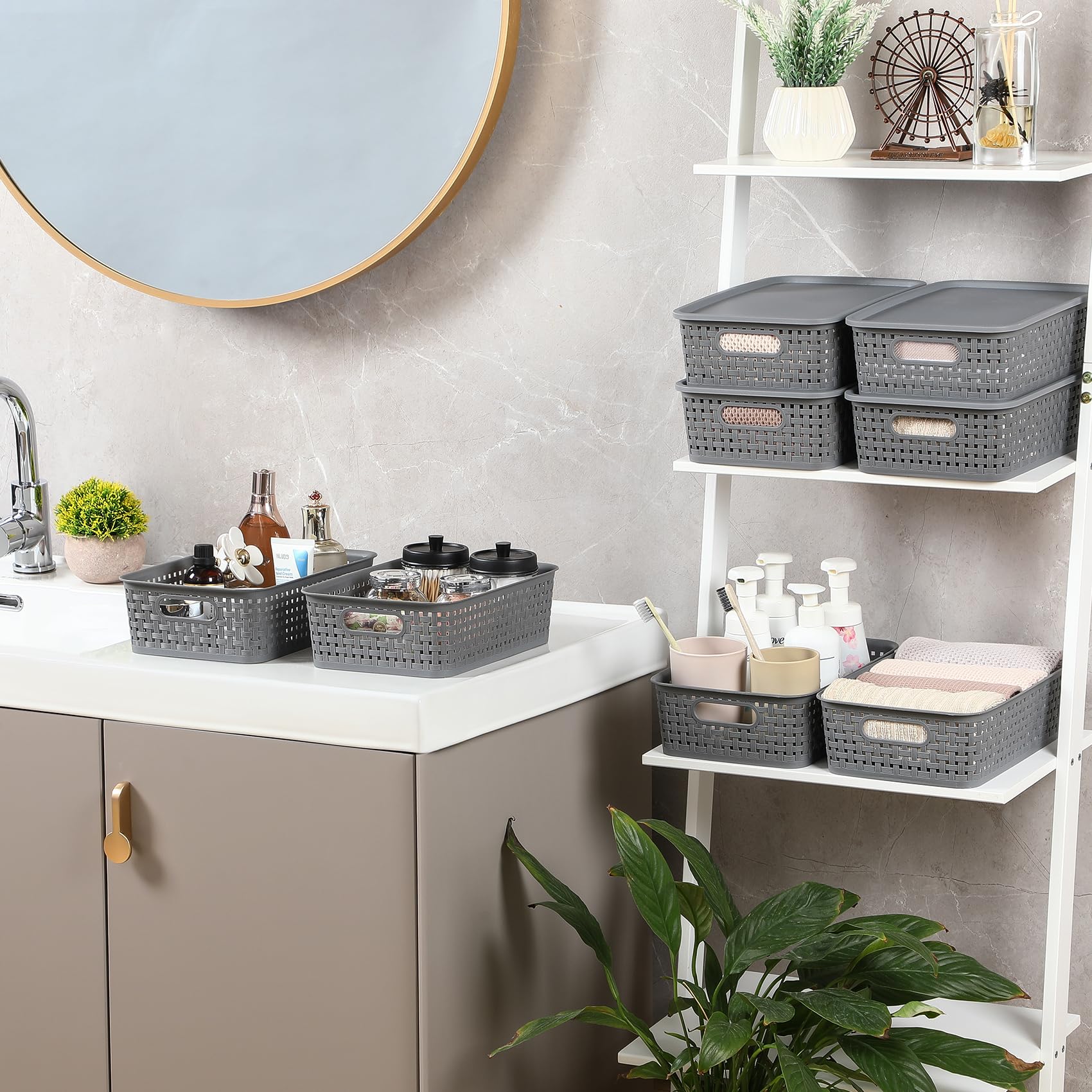 12 Pack Plastic Storage Baskets with Lids - Stackable Small Pantry Organizer Bins for Kitchen Cabinets, Countertops, Drawers & Shelves - Perfect for Bathroom Under Sink Storage & Home Organization (Gray)