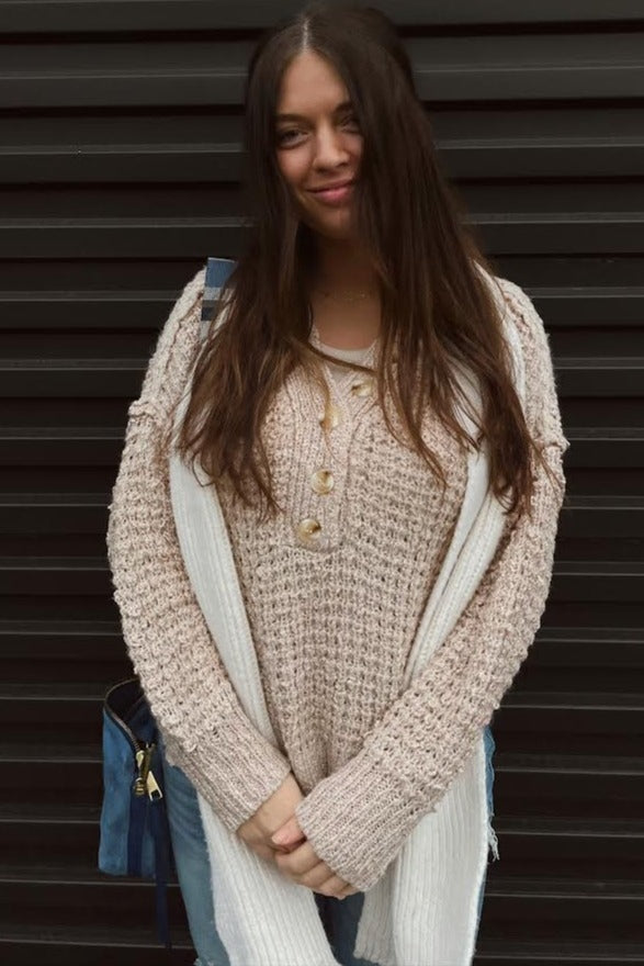 Beige Chunky Knit Button V-Neck Sweater for Women - Cozy Winter Pullover with Stylish V-Neck Design | Perfect for Casual Outfits, Office Wear & Date Nights