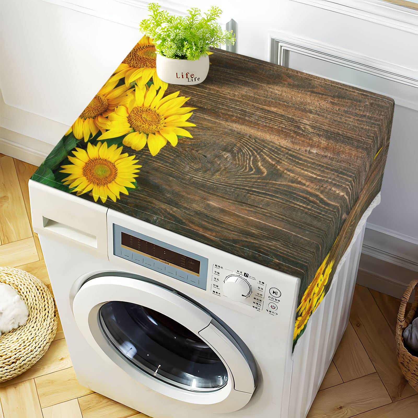 51''x22'' Waterproof Non-Slip Wooden Sunflower Washing Machine Cover - Front Load Washer Dryer Top Mat with 4 Storage Bags, Dust Proof Refrigerator Protector for Home Decor | Perfect for Laundry Rooms, Basements & Apartment Living