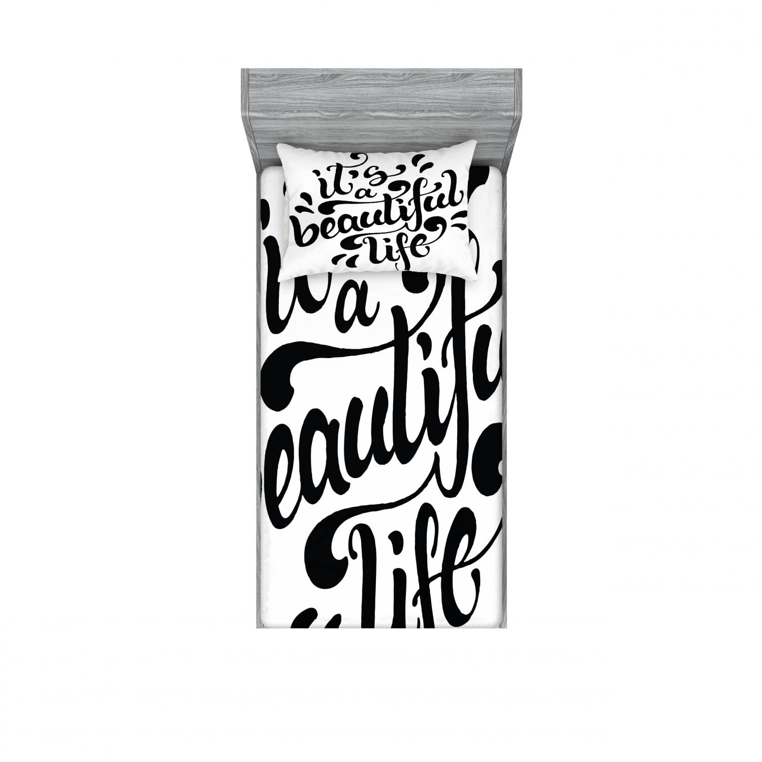 Ambesonne 2-Pack Twin Fitted Sheets & Pillow Shams Set - Inspirational Positive Life Bedding Decor (Black & White) - Includes 2 Fitted Sheets & 2 Pillow Covers - Perfect for Dorm Rooms, Guest Beds & Kids' Bedrooms