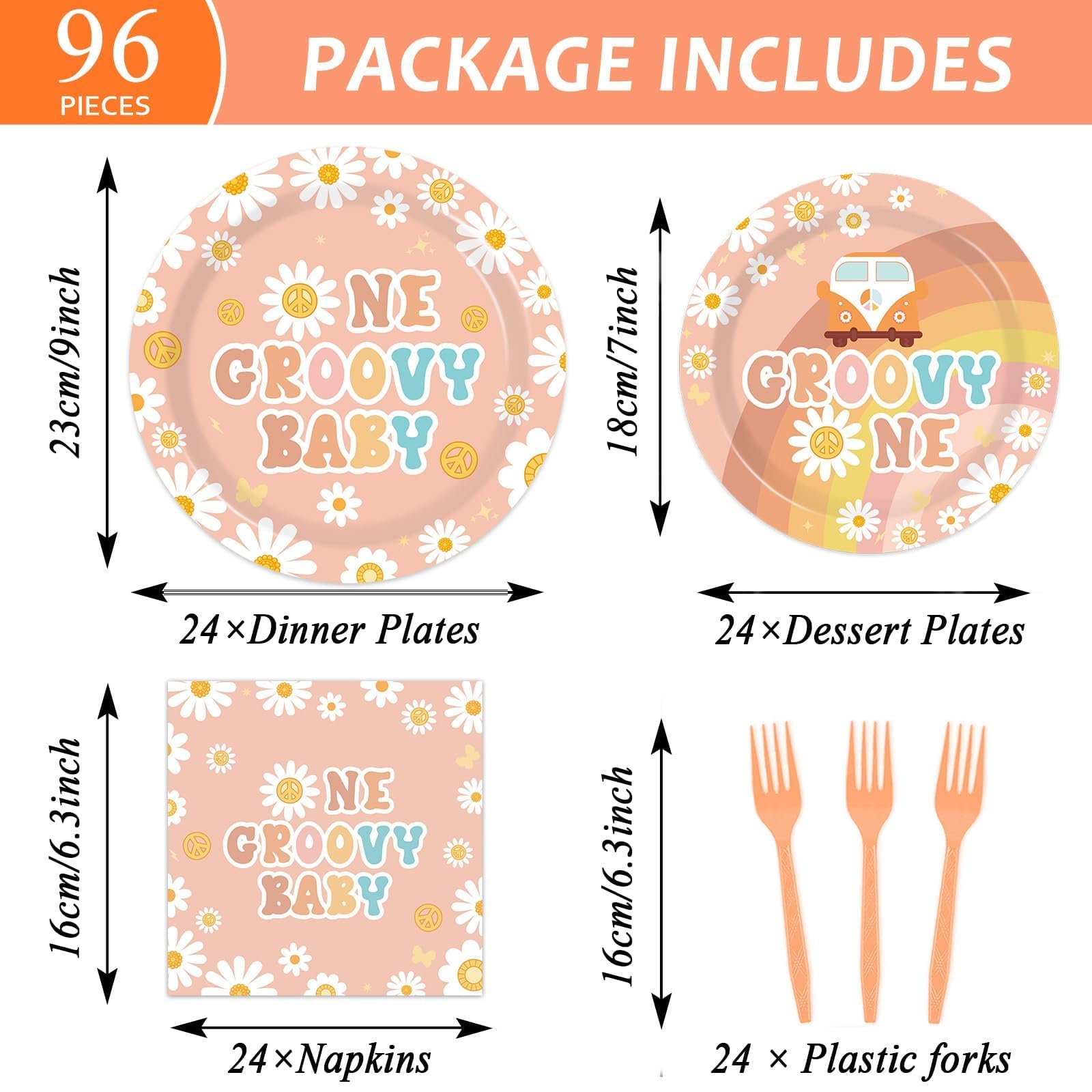 96PCS Groovy Birthday Party Decorations Set - Daisy Flower Hippie Themed Paper Plates & Napkins for Girls, 1st Birthday, Baby Shower, Boho Tableware Supplies | Perfect for Retro Themed Parties, Newborn Celebrations & Hippie-Inspired Events