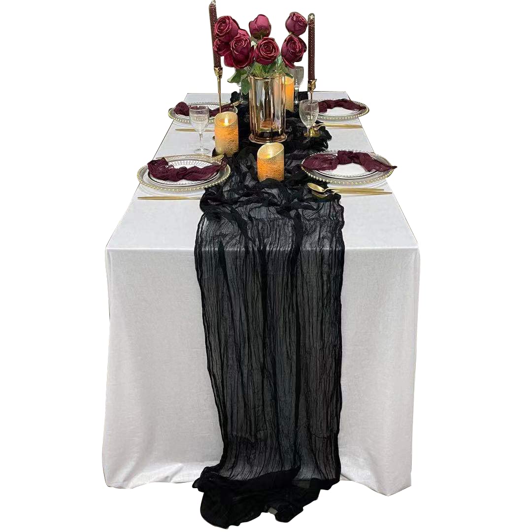 EHLDekol Black Cheesecloth Gauze Table Runner - 13ft Wedding Arch Draping Fabric, Bridal Shower Decor, Boho Party Centerpiece for Rustic Weddings & Events
