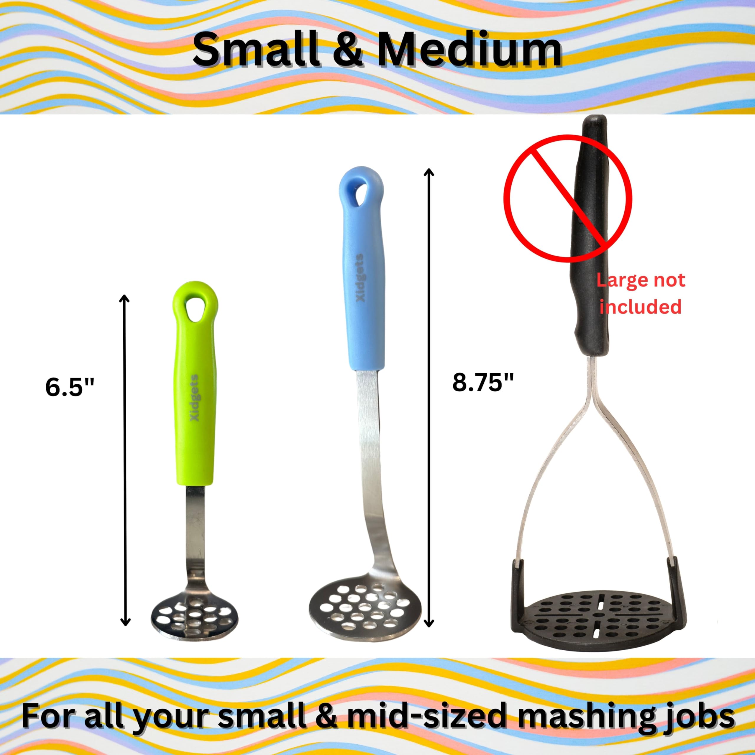 Stainless Steel Mini & Medium Avocado Potato Masher Set - Heavy Duty, Dishwasher Safe Kitchen Utensils for Mashing Avocados, Potatoes, Baby Food - Compact & Durable Kitchen Essentials (Sky Blue/Zippy Green)