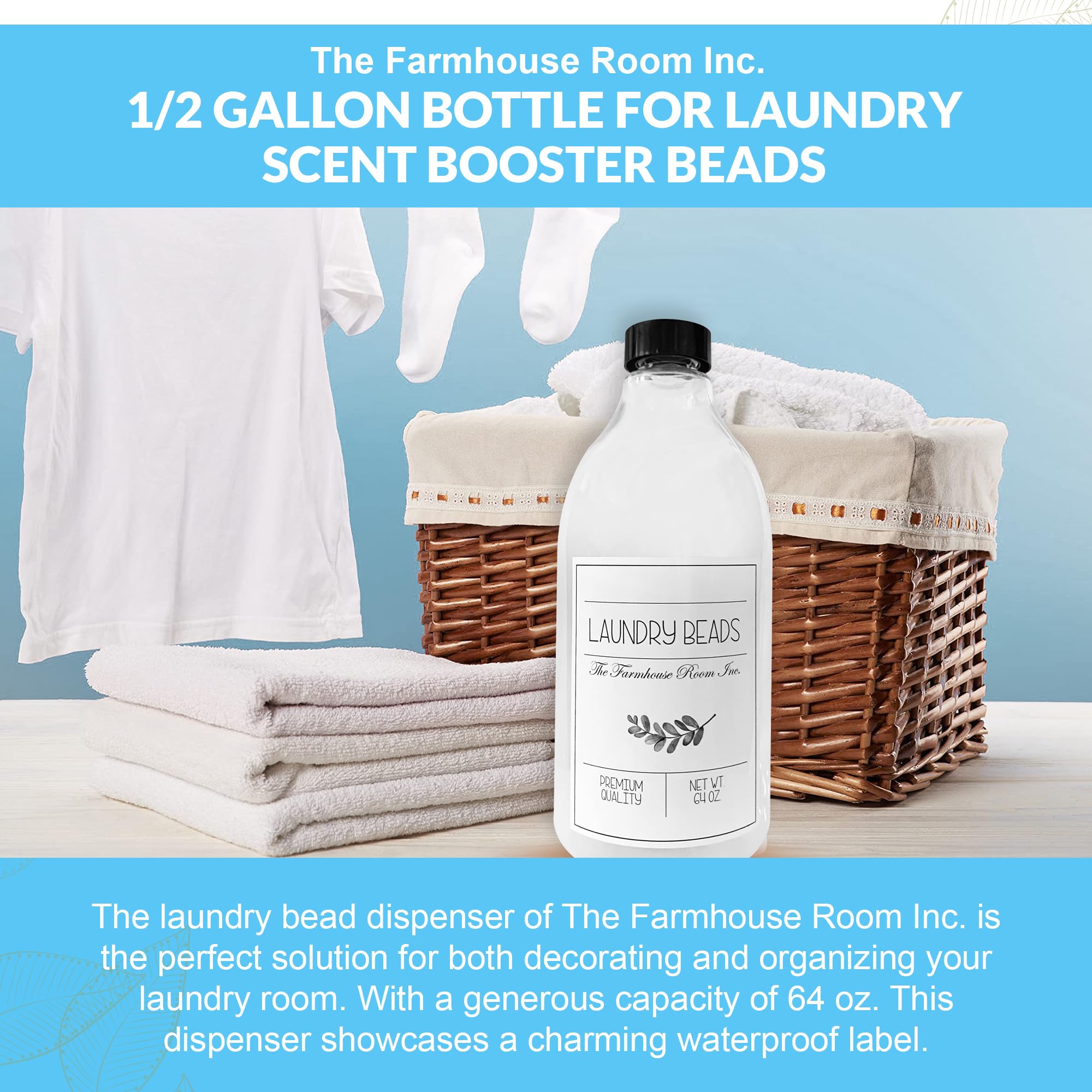 **64 oz Laundry Beads Dispenser Bottle - BPA Free & PET Plastic Scent Beads Container for Laundry Room Organization - Waterproof Label - Perfect for Home, Apartment, and Laundromat Use**