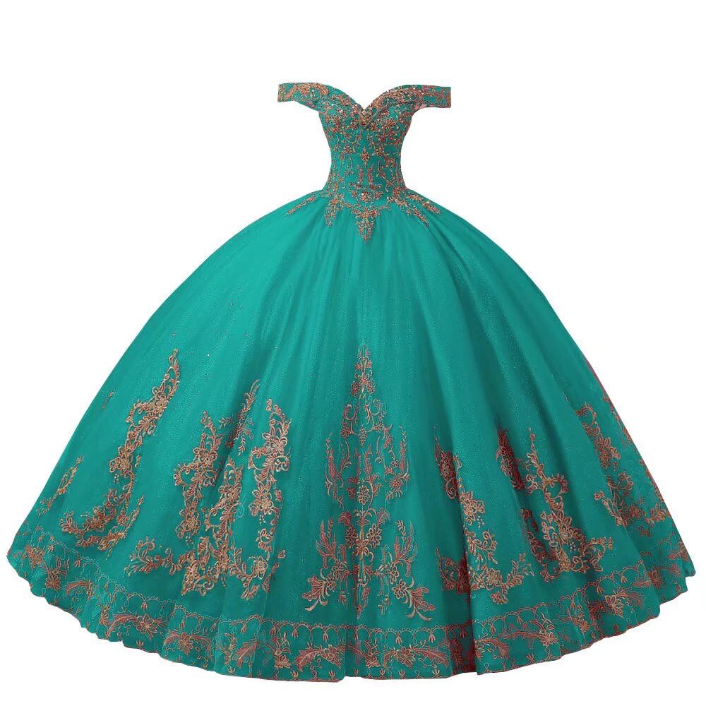 Exquisite Gold Embroidered Beaded Tulle Ball Gown - Off Shoulder Quinceanera Dress for Sweet 15 Girls | 2025 Trendy Formal Gown for Quinceañera, Prom, Debutante Ball & Special Occasions