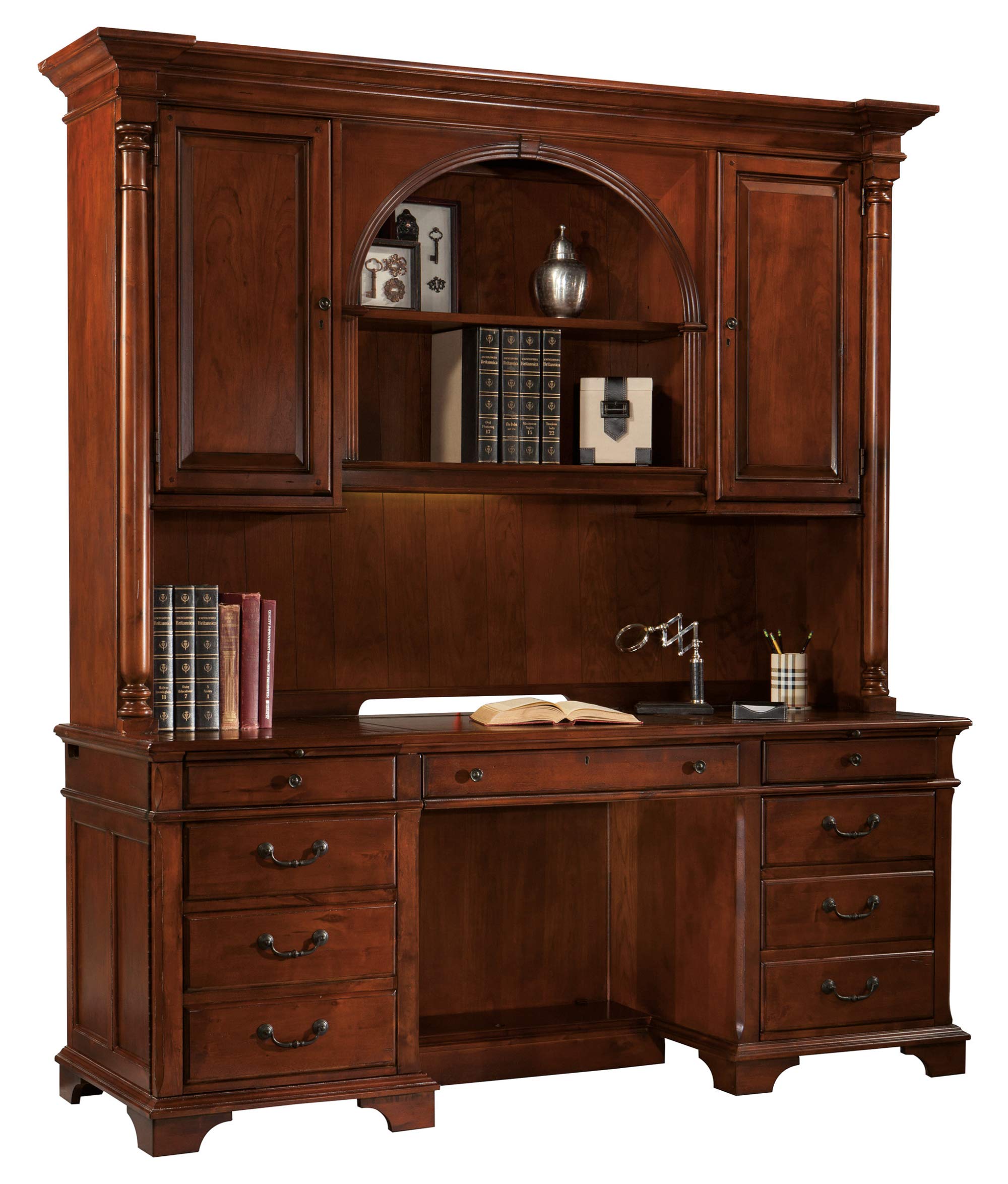 Hekman Weathered Cherry Executive Desk Hutch with Illuminated Bookcase - Solid Wood & Cherry Veneer Office Furniture for Mid Century Modern Home Office Decor | Perfect for Professional Workspaces & Home Libraries