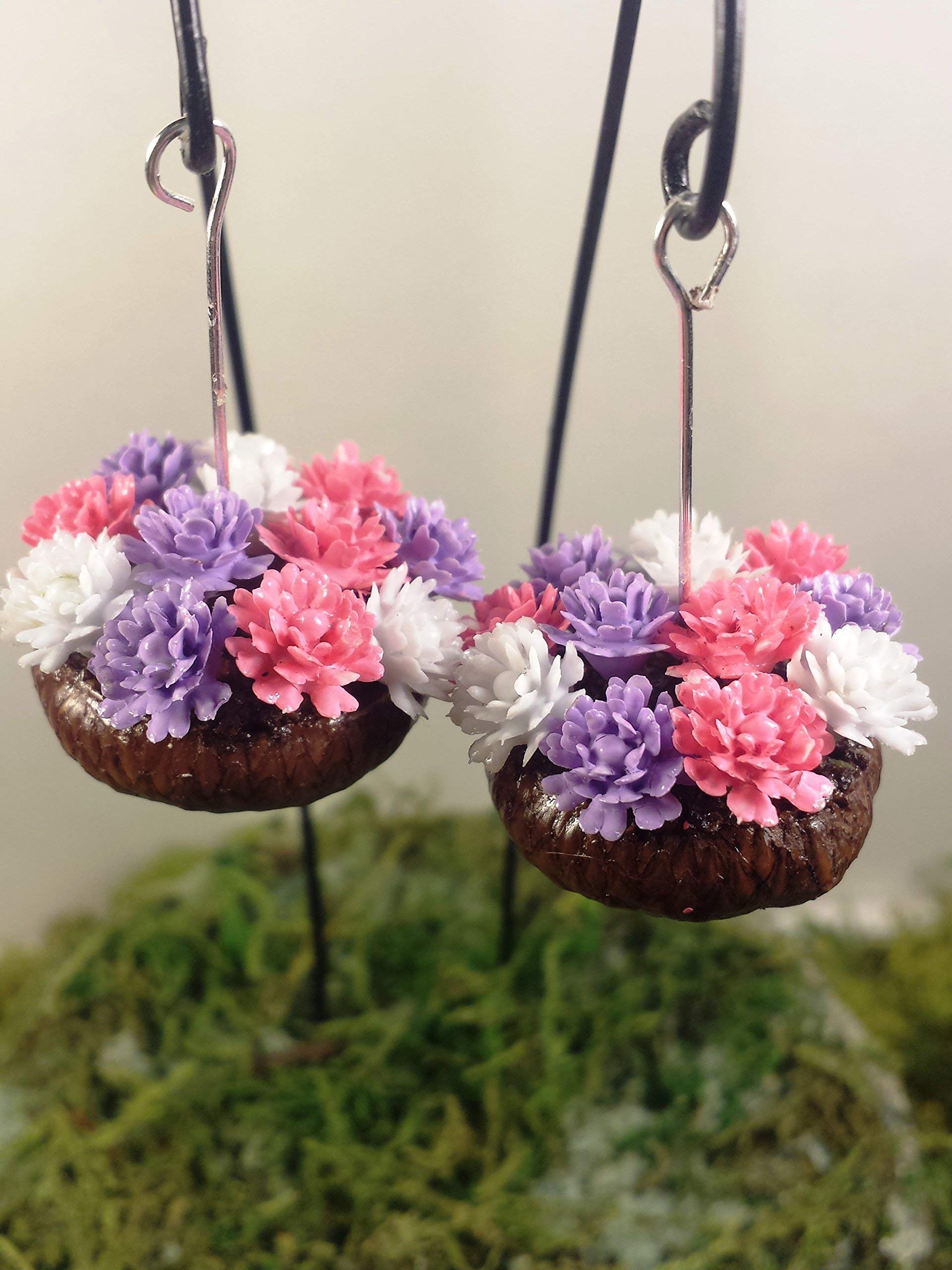 Mini Fairy Garden Acorn Planters with Pink, Purple & White Flowers - Set of 2 for Home Decor, Wedding Centerpieces & DIY Terrariums