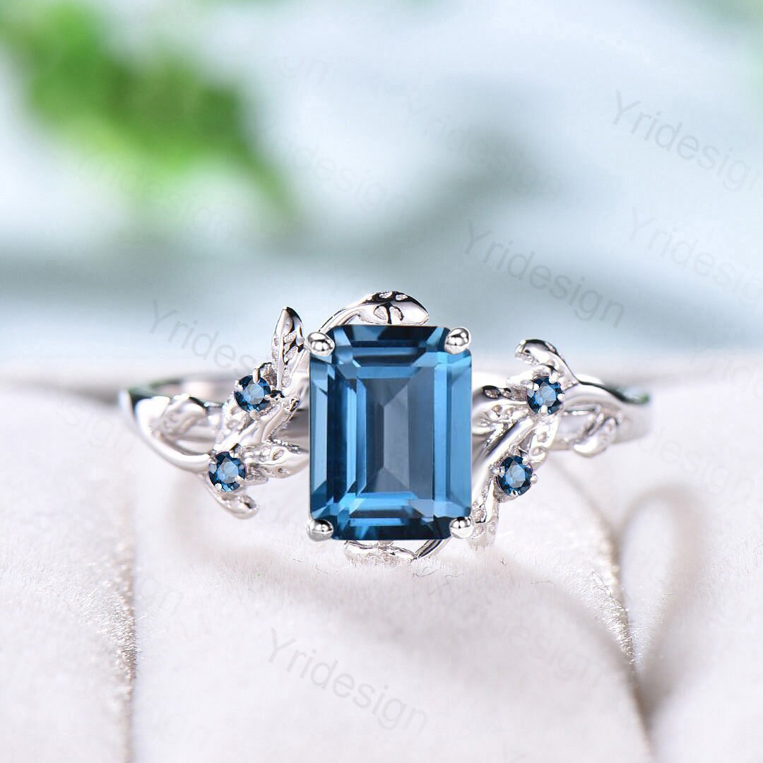 Vintage London Blue Topaz Engagement Ring - Elegant Twig & Leaf Cluster Design, Natural Inspired Branch Wedding Ring for Women | Perfect for Proposals, Anniversaries & Special Occasions