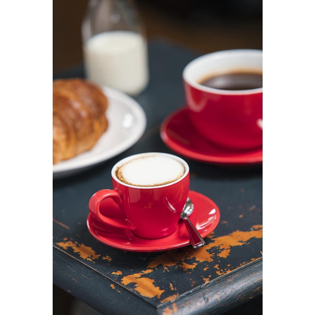 Olympia Cafe Espresso Cups Set - 12pc 100ml (3.5oz) Porcelain Coffee & Milk Jugs in Red - Perfect for Home, Office & Restaurant Use