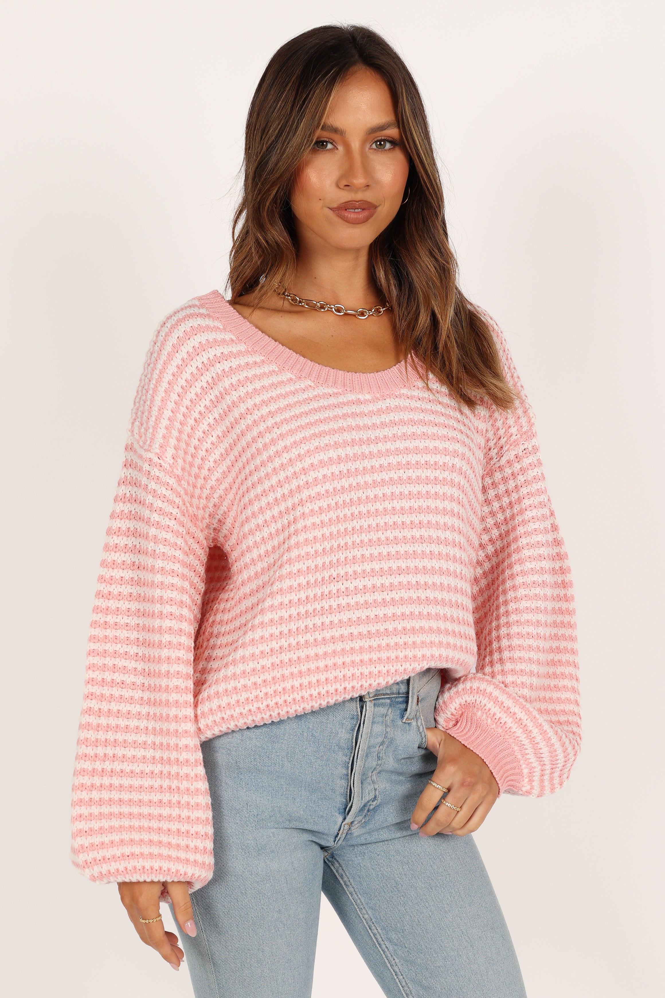 Becca Crewneck Waffle Stitch Stripe Knit Sweater for Women | Soft Pink Winter Pullover | Casual Outfit & Cozy Home Wear