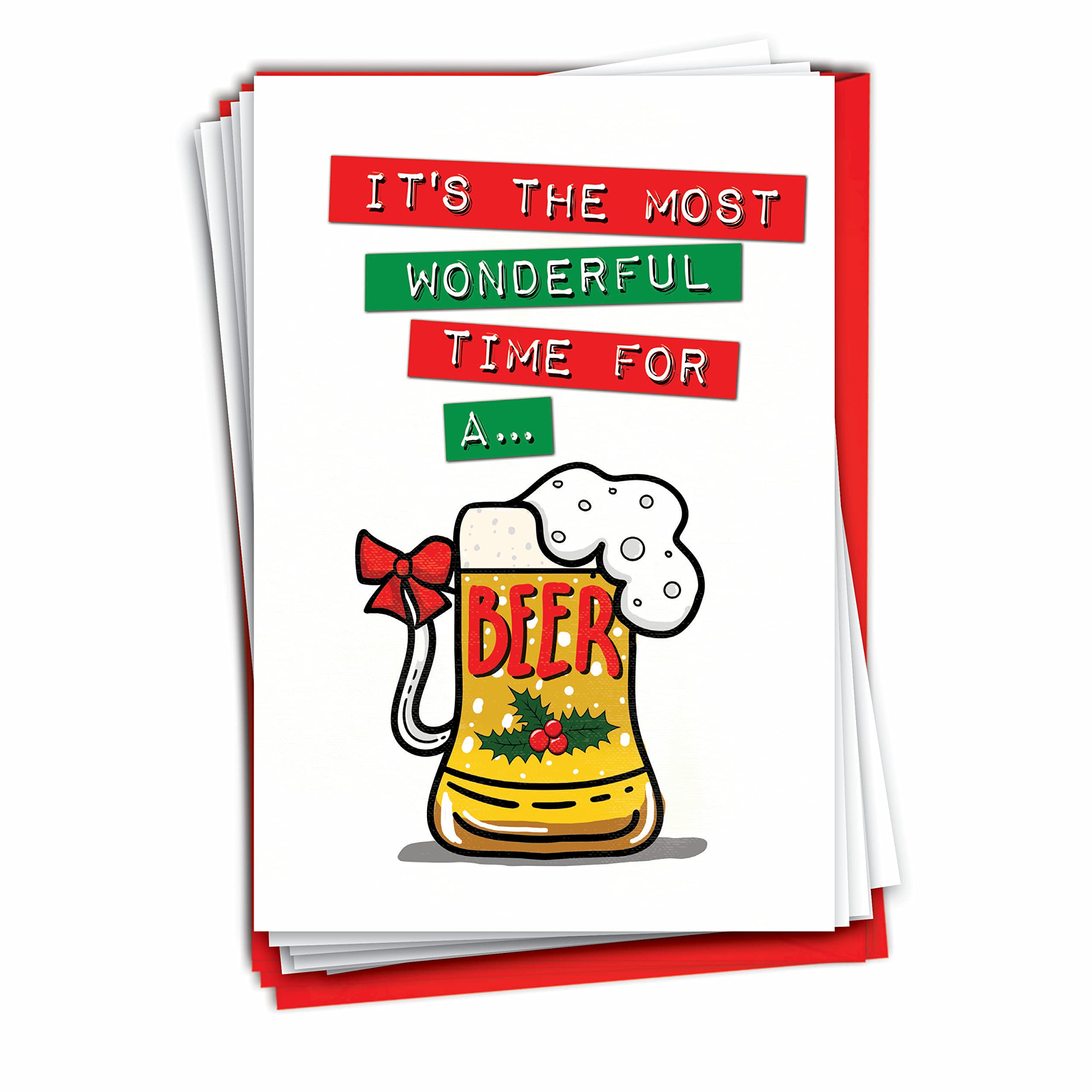NobleWorks 12-Pack Funny Christmas Greeting Cards with Envelopes - Holiday Humor Beer Time Design for Men & Women - Perfect for Office Parties, Family Gatherings & Secret Santa Exchanges (C7072XSG-B12x1)