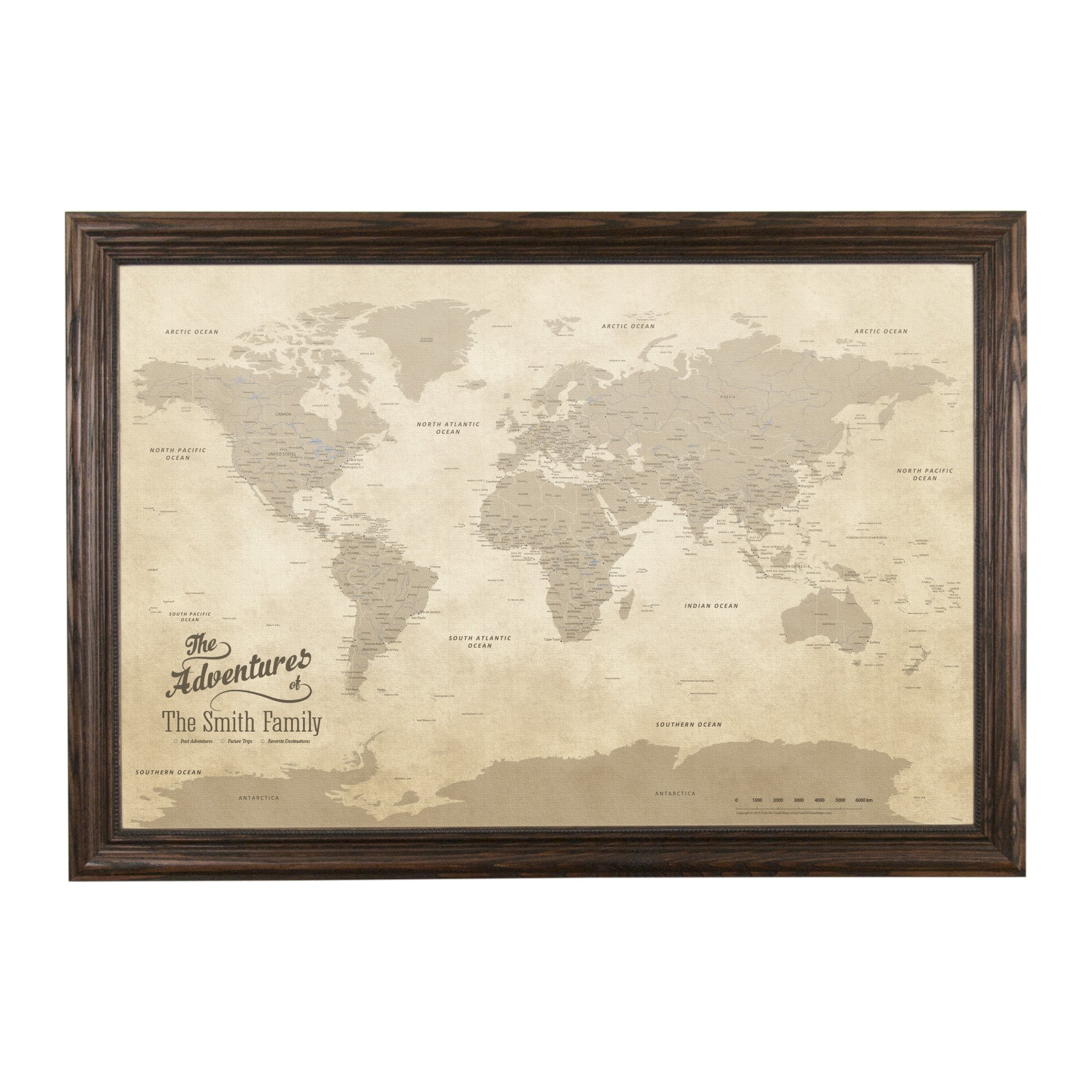 Personalized Vintage World Push Pin Travel Map - Canvas Print with Solid Wood Brown Frame - Perfect for Travel Enthusiasts, Home Decor & Gift Ideas