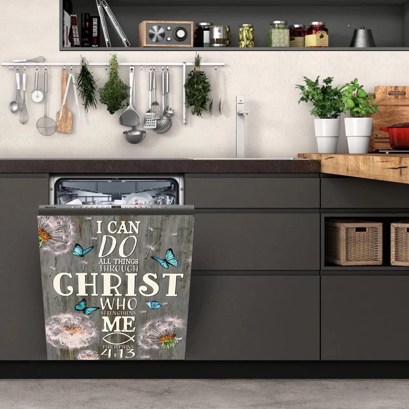 Dandelion Flower Dishwasher Magnet Cover - Christian Verse Decal with 'I Can Do All Things Through Christ' Design - Butterfly Fridge Sticker for Appliances (23