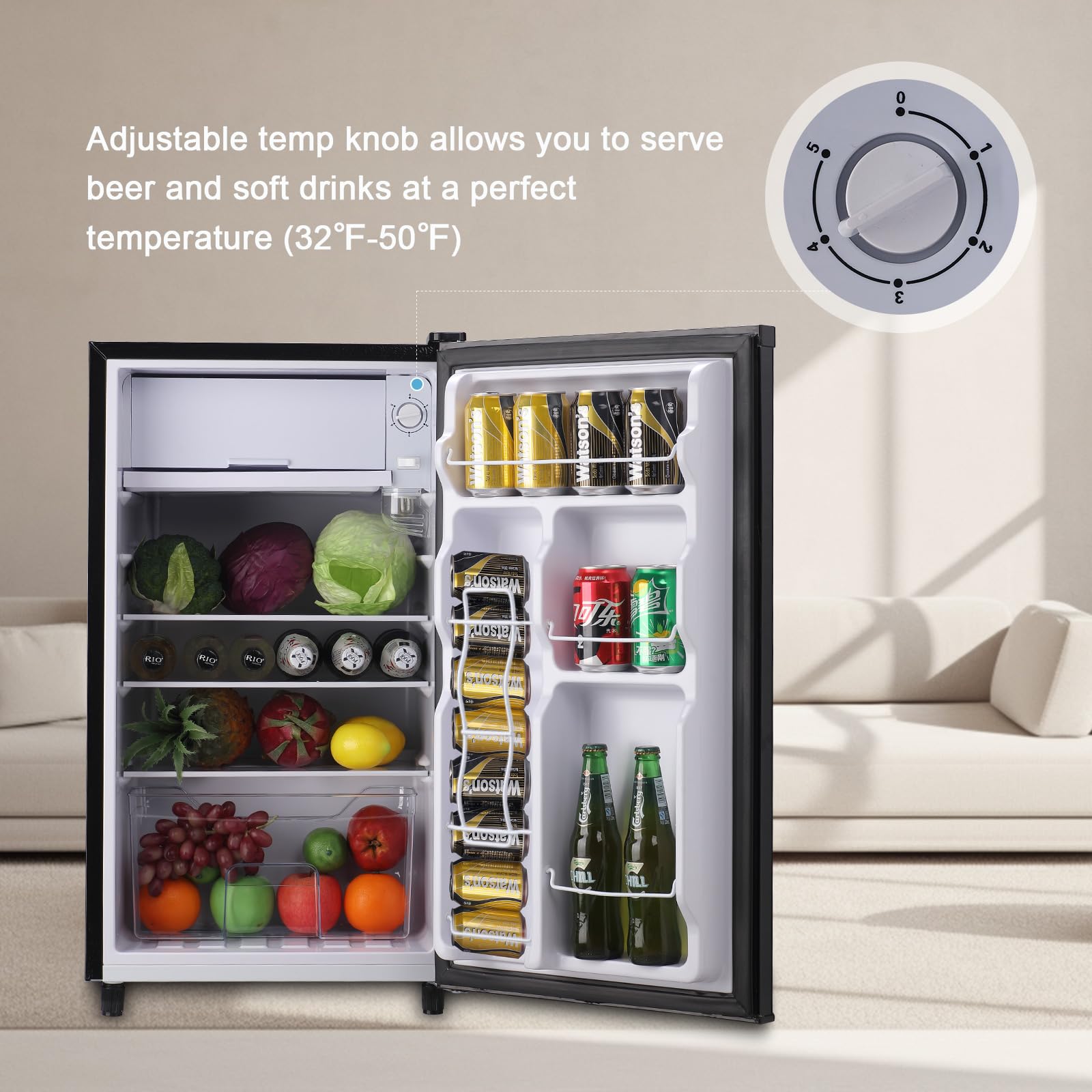 WANAI 3.2 Cu.Ft Mini Fridge with Freezer - Compact Single Door Refrigerator, 5 Temperature Settings, Energy Efficient, Black - Perfect for Dorm, Office, Bedroom, Apartment & Small Spaces