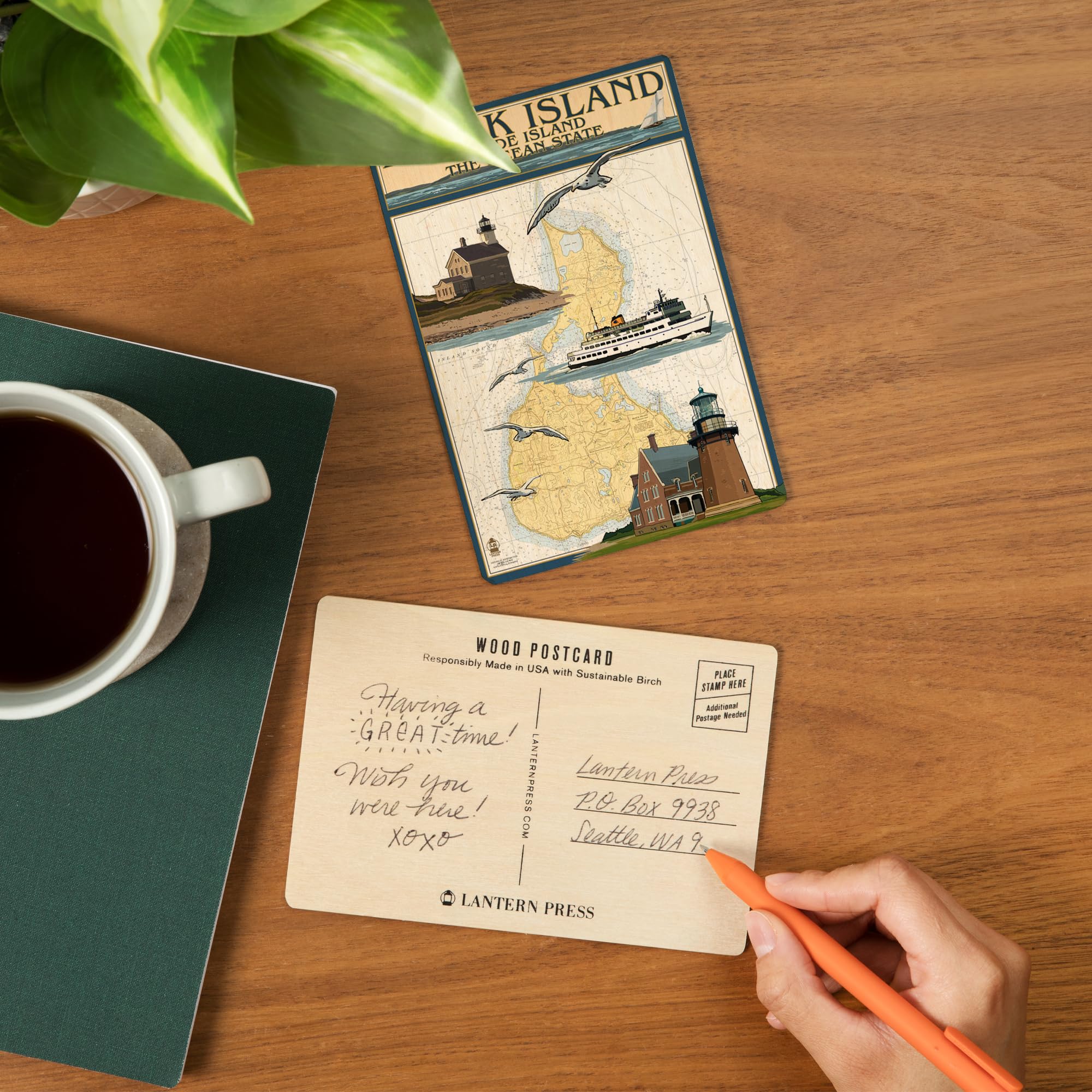 Block Island Rhode Island Nautical Chart with Ferry - 4x6 Birch Wood Postcards (2-Pack Stationery Set) - Rustic Coastal Home Wall Decor for Beach House, Office or Nautical Themed Rooms