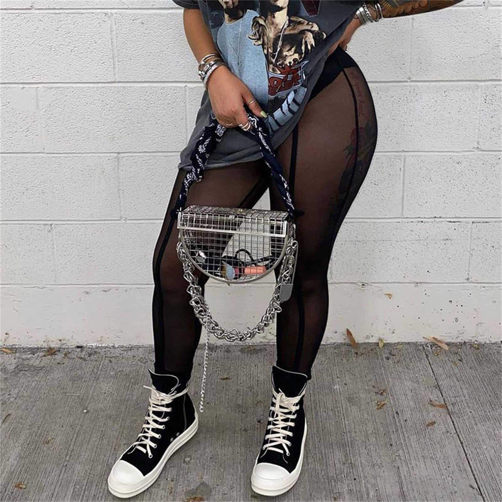 **Atyfuniby Plus Size Sexy Leggings for Women - High Waisted Tummy Control Yoga Pants, See-Through Mesh Sweatpants, Streetwear & Clubwear, Black, XXL - Perfect for Gym, Dance & Night Out**