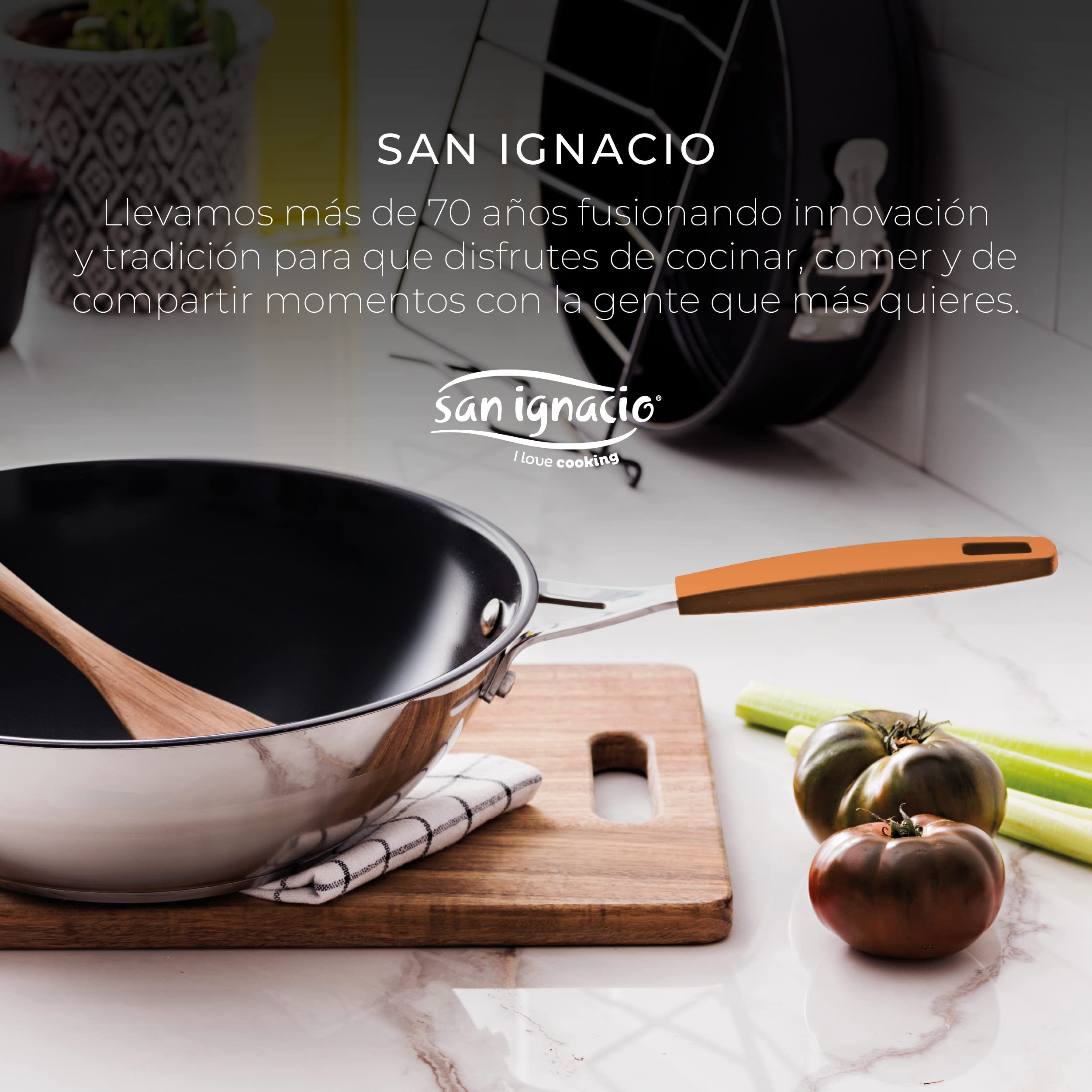 San Ignacio Compact 28cm Forged Aluminum Wok - Black Whitford Fusion Interior, Matte Exterior - Induction Compatible with Stainless Steel Trim - Perfect for Stir-Frying, Sautéing & Asian Cuisine
