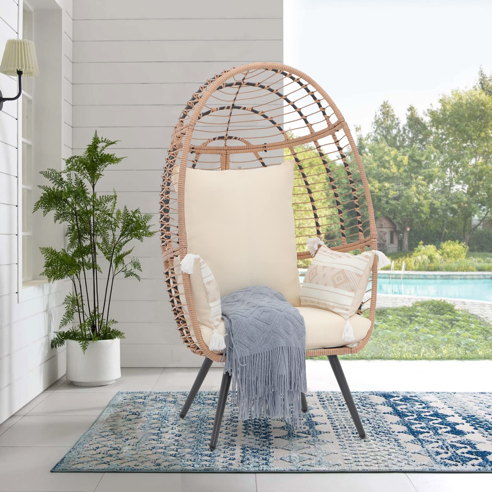 JOIVI Oversized Wicker Egg Chair with Stand and Cushions - Indoor Outdoor Rattan Hanging Chair for Patio, Porch, Backyard, Living Room, Balcony | Perfect for Relaxing, Reading, or Sunbathing (Beige, Creamy White Cushion)